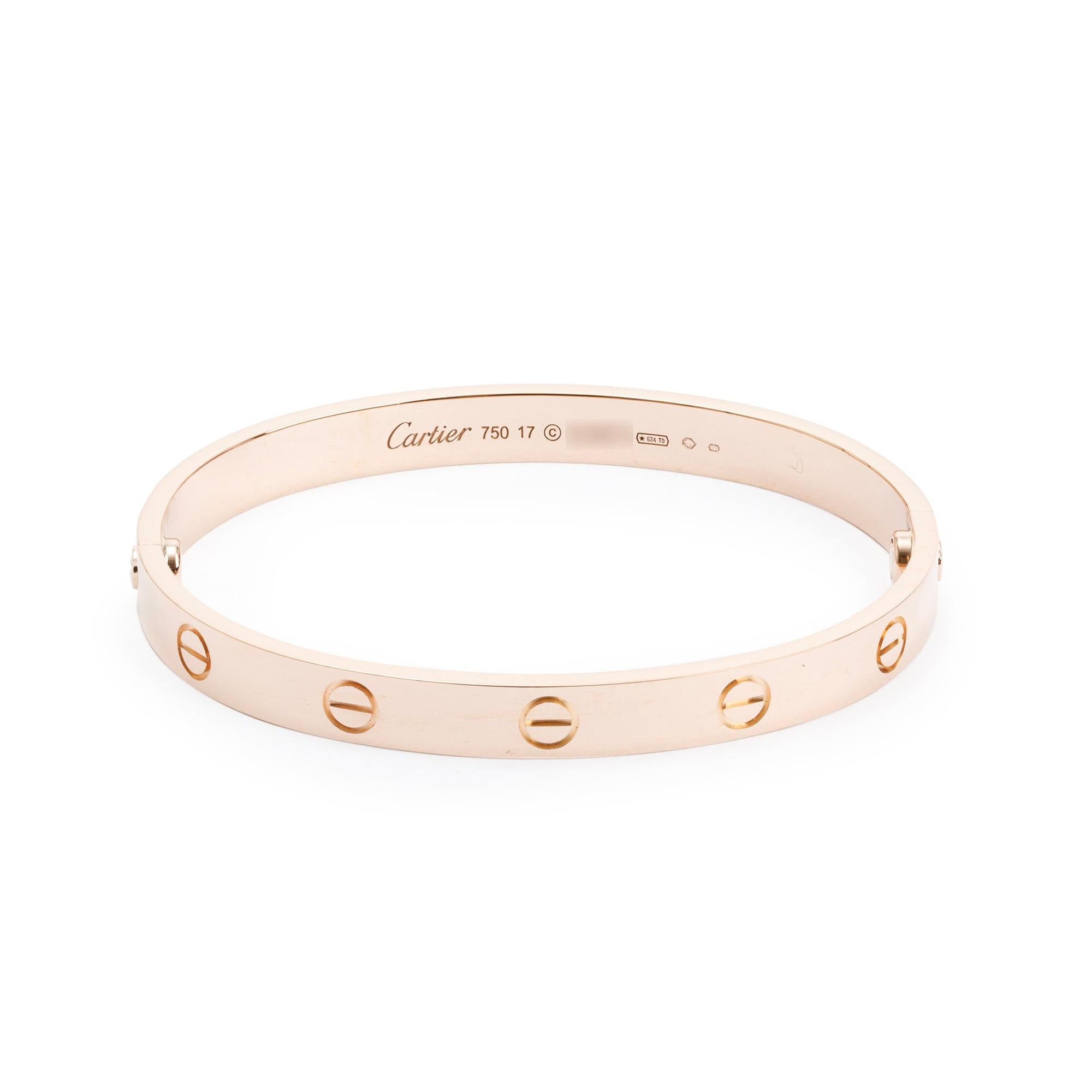 Cartier 18k Rose Gold Love Bracelet, Size 17 w/ Box & Certificate