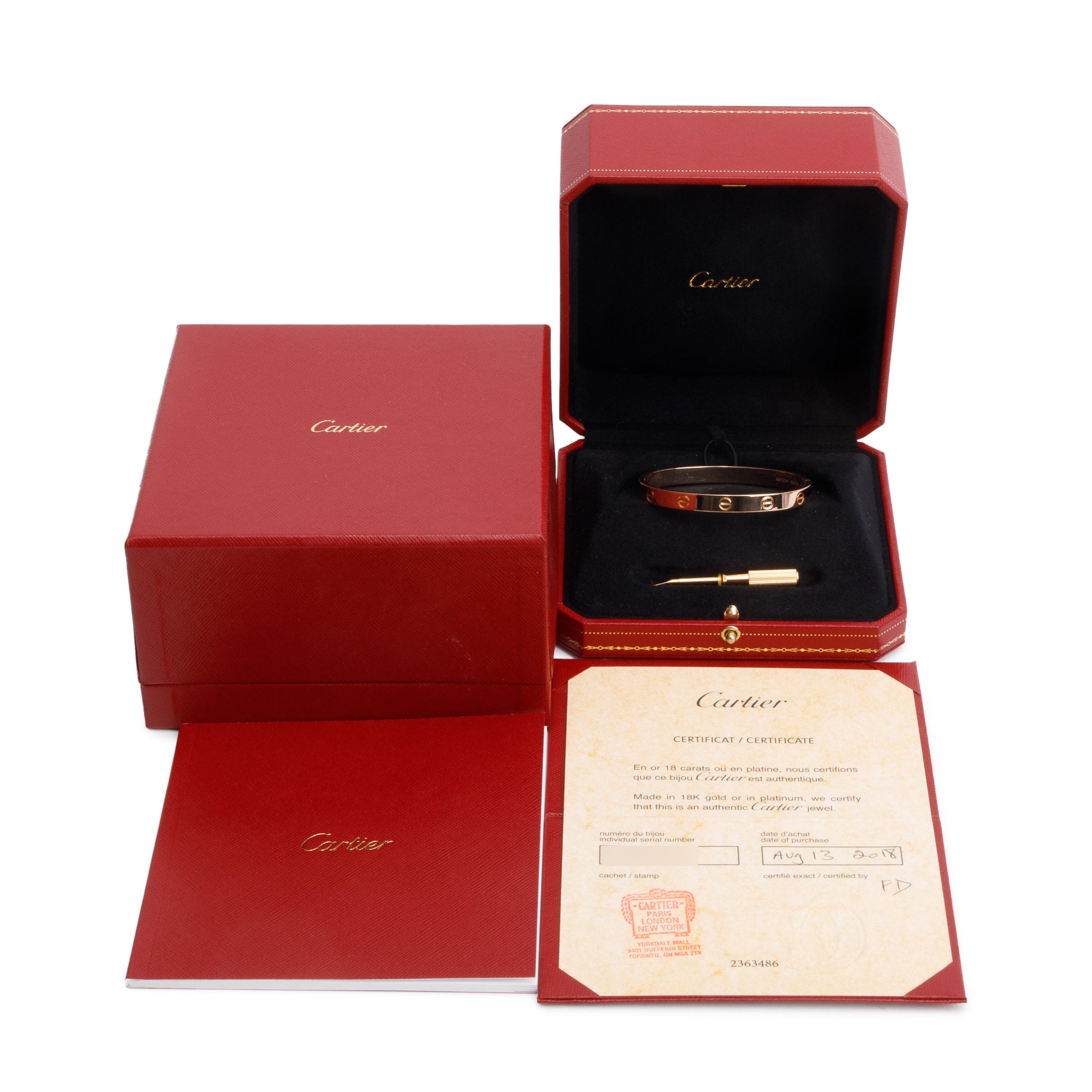 Cartier 18k Rose Gold Love Bracelet, Size 17 w/ Box, Receipt & Certificate