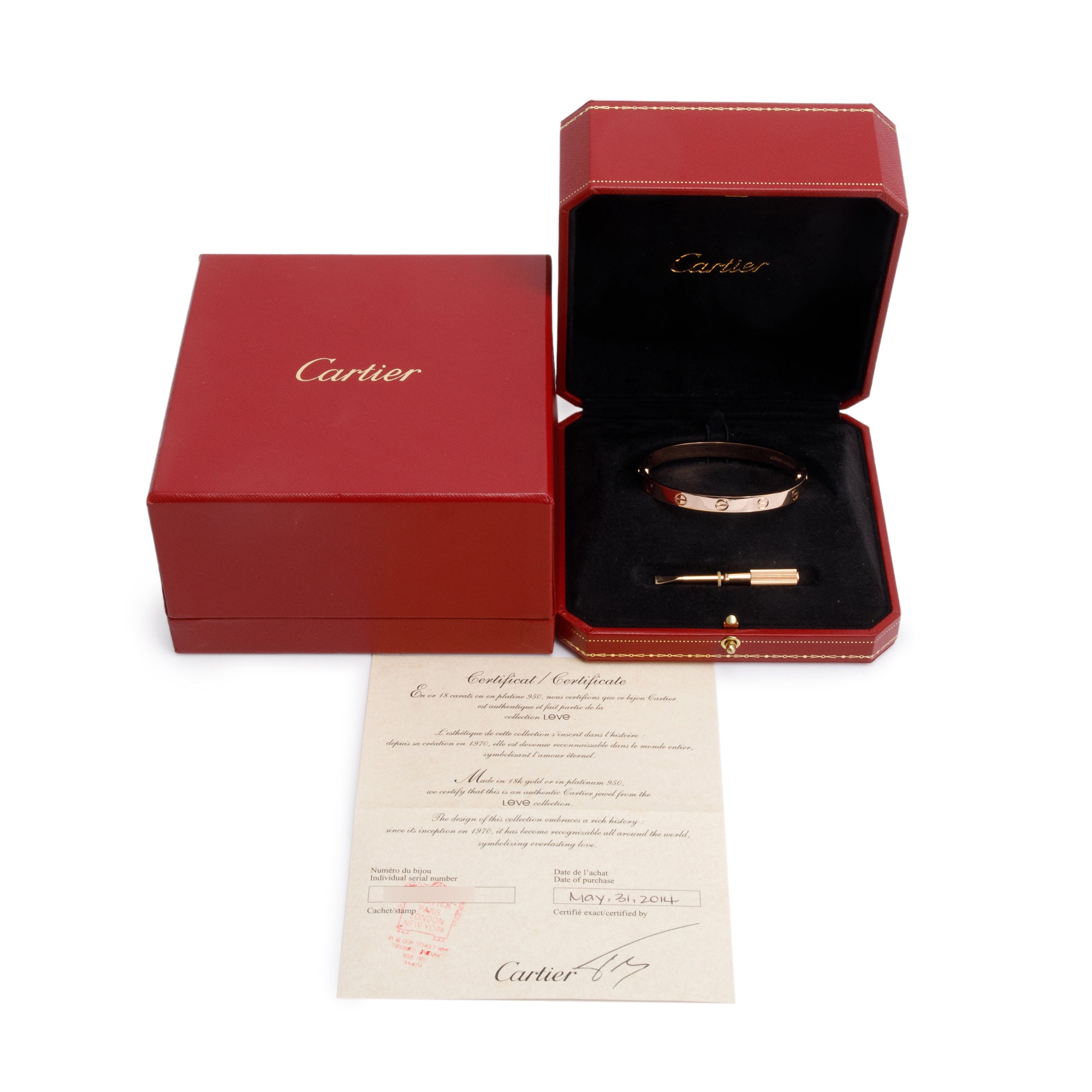 Cartier 18k Rose Gold Love Bracelet, Size 17 w/ Box, Receipt & Certificate
