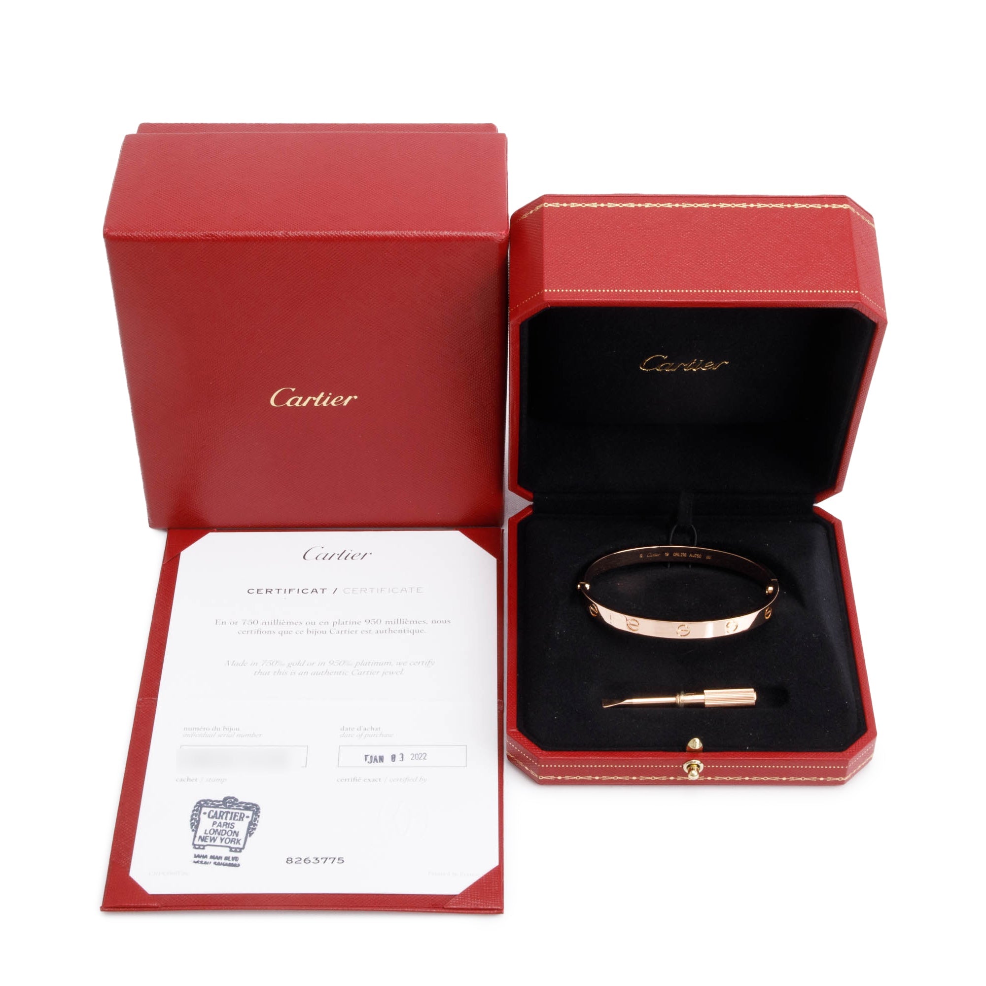 Cartier 18k Rose Gold Love Bracelet, Size 19 w/ Box & Certificate