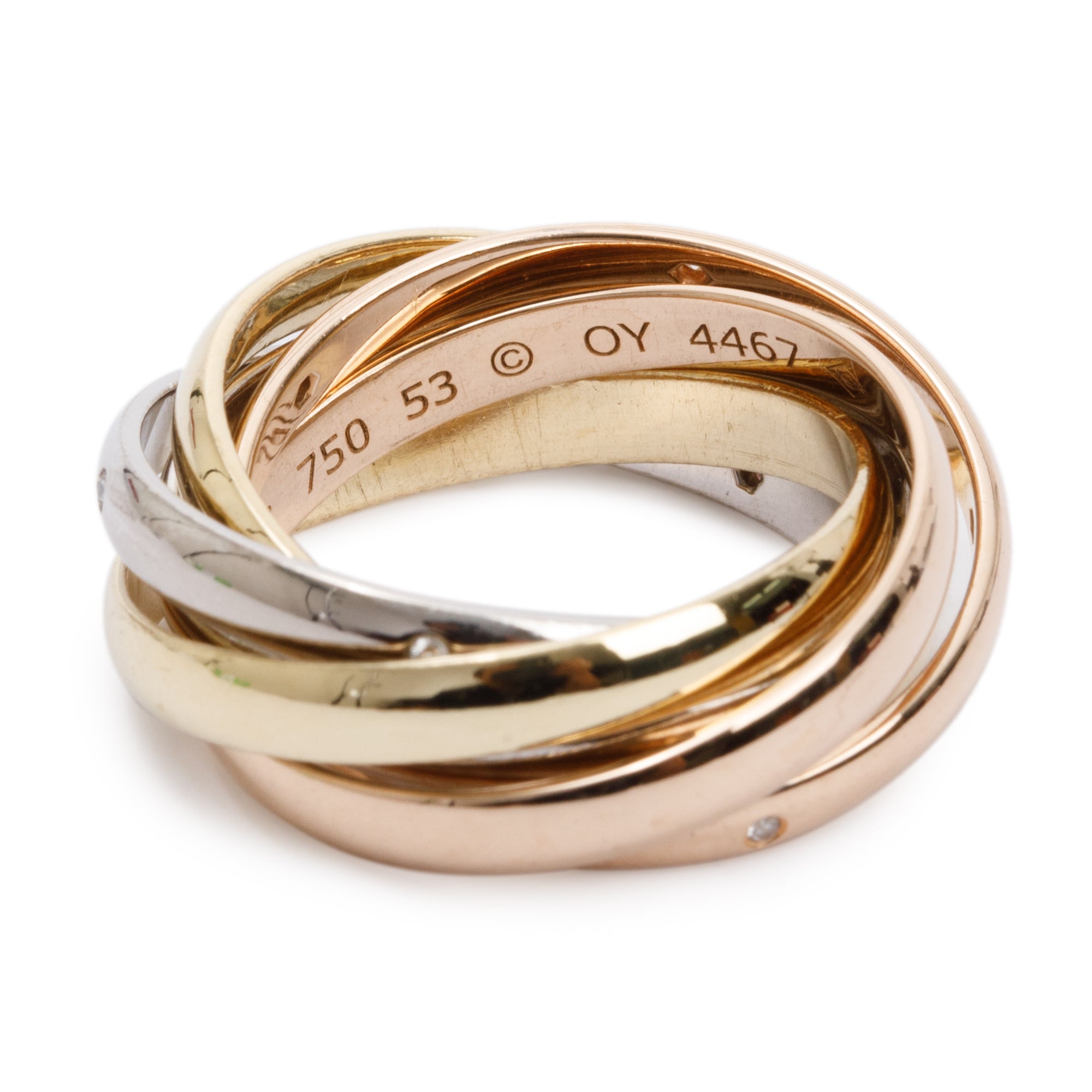 Cartier 18k Tri-Gold Diamond 6-Band Trinity Rolling Ring 53 6.5 w/ Box