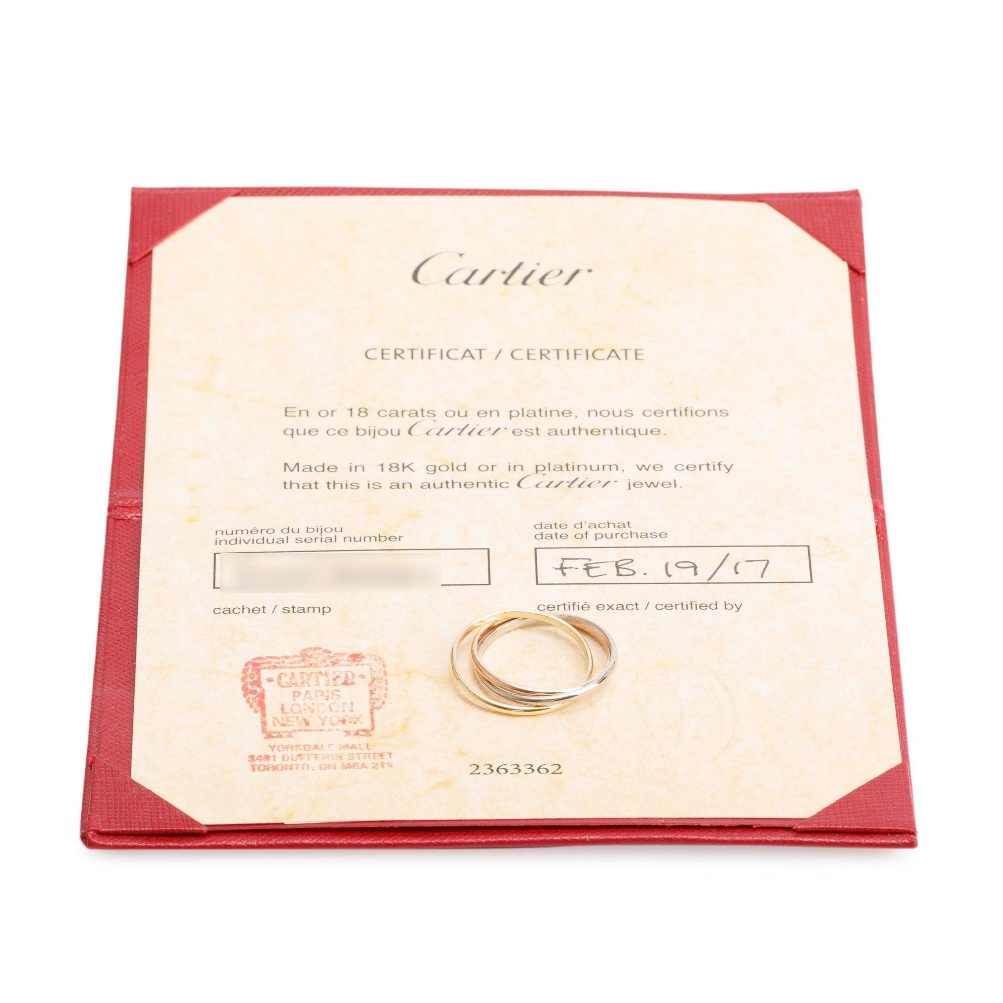 Cartier 18k Tri-Gold Trinity Rolling Ring, XS Model, Size 59 8.75 w/ Certificate & Receipt