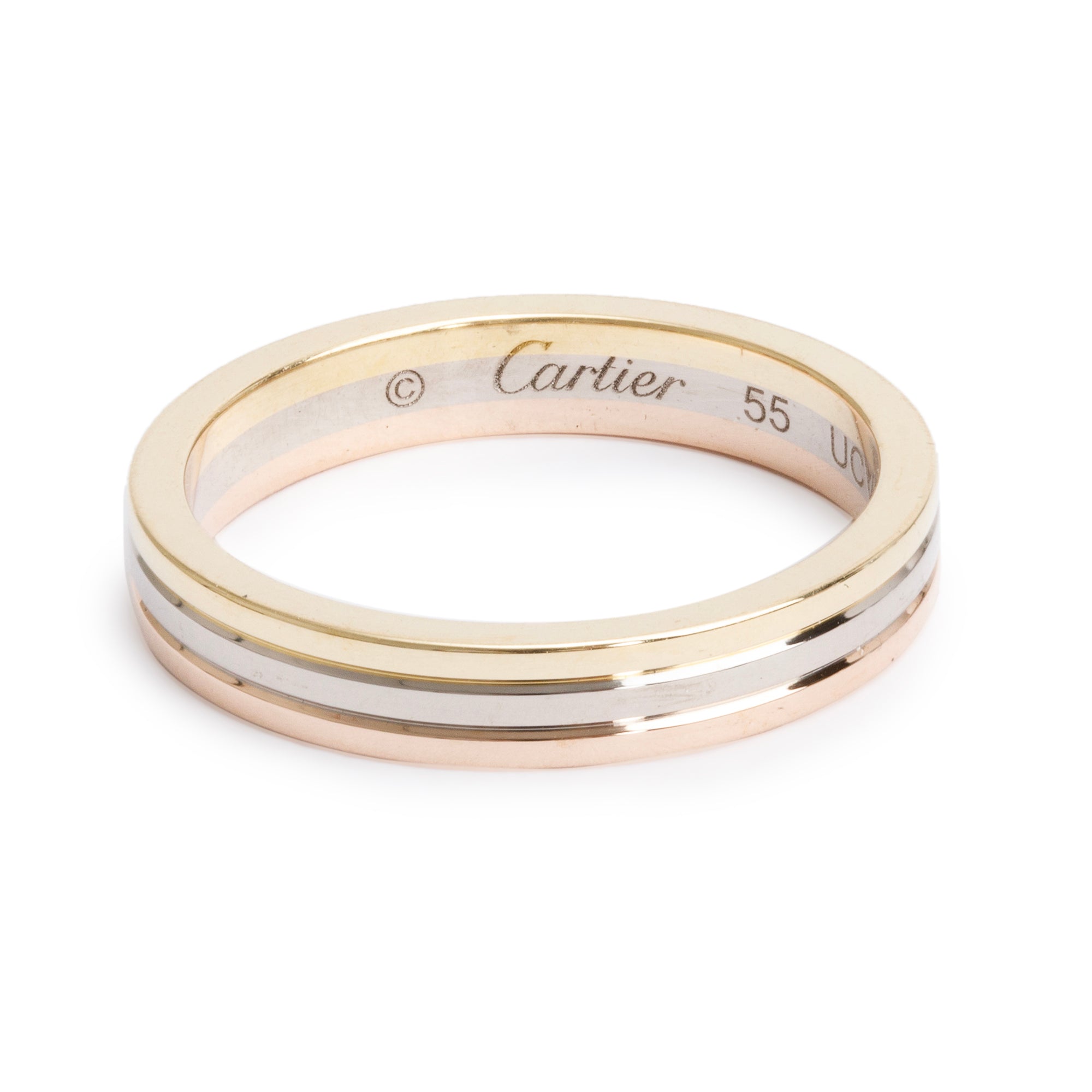 Cartier 18k Tri-Gold Vendome Louis Cartier 3.5 MM Wedding Band Ring, Size 55 7.25 w/ Certificate & Receipt