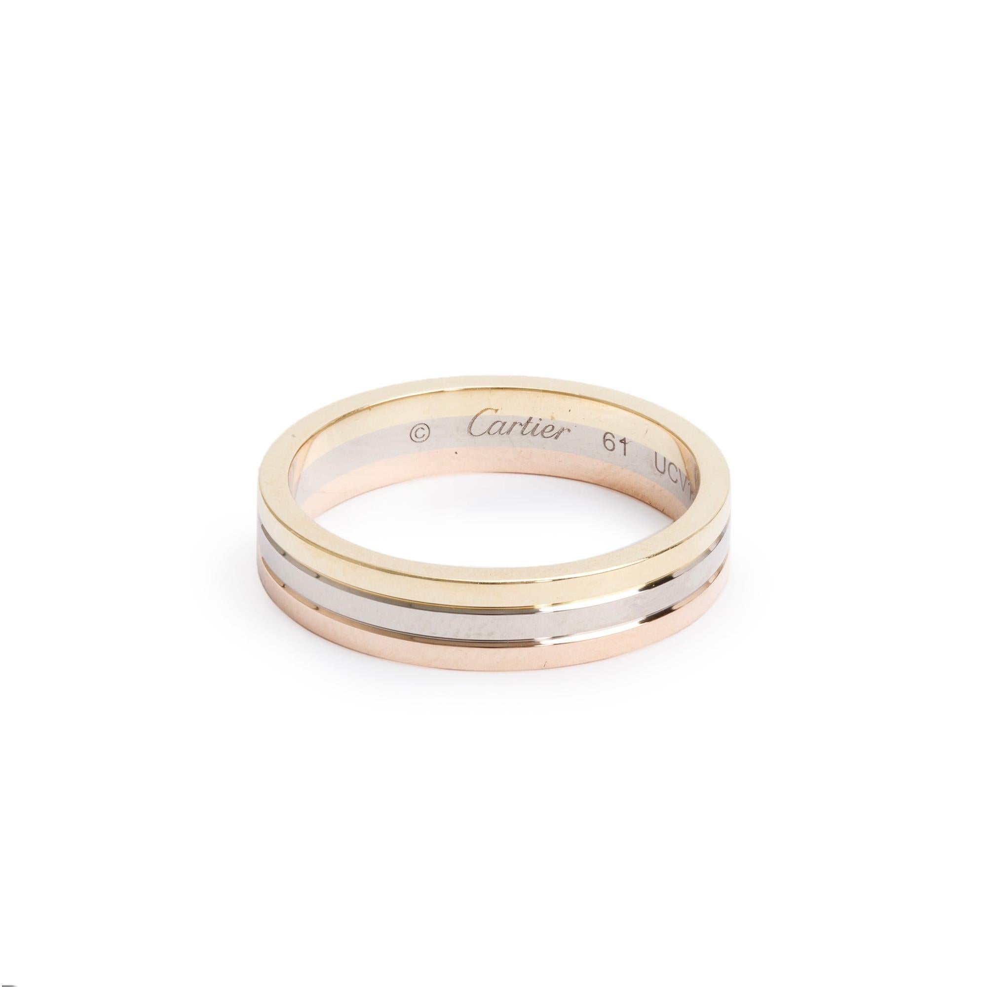 Cartier 18k Tri-Gold Vendome Louis Cartier 4.8 MM Wedding Band Ring, Size 61 9.75 w/ Certificate & Receipt