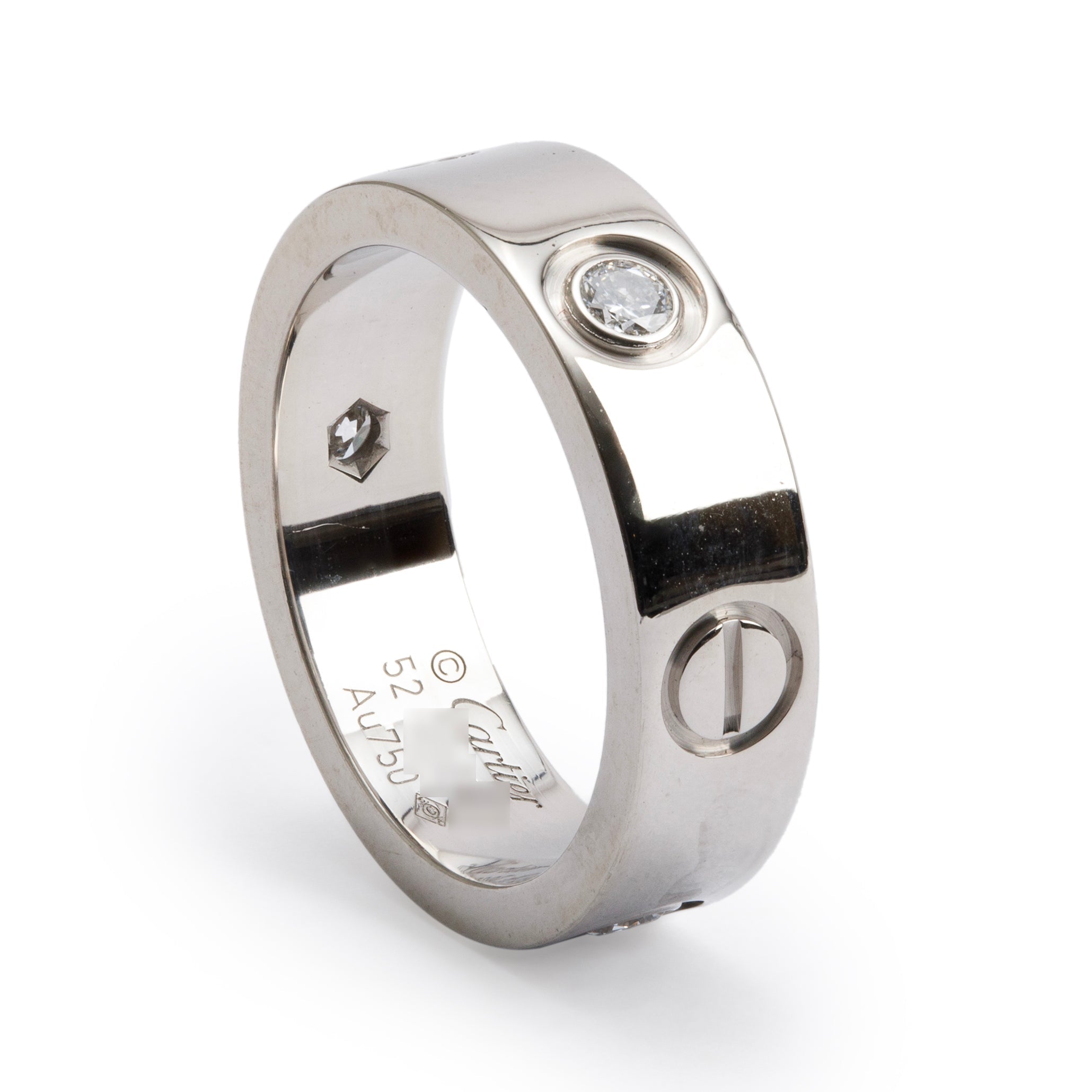 Cartier 18k White Gold 3 Diamond 5.5 MM Love Ring, Size 52 6.25