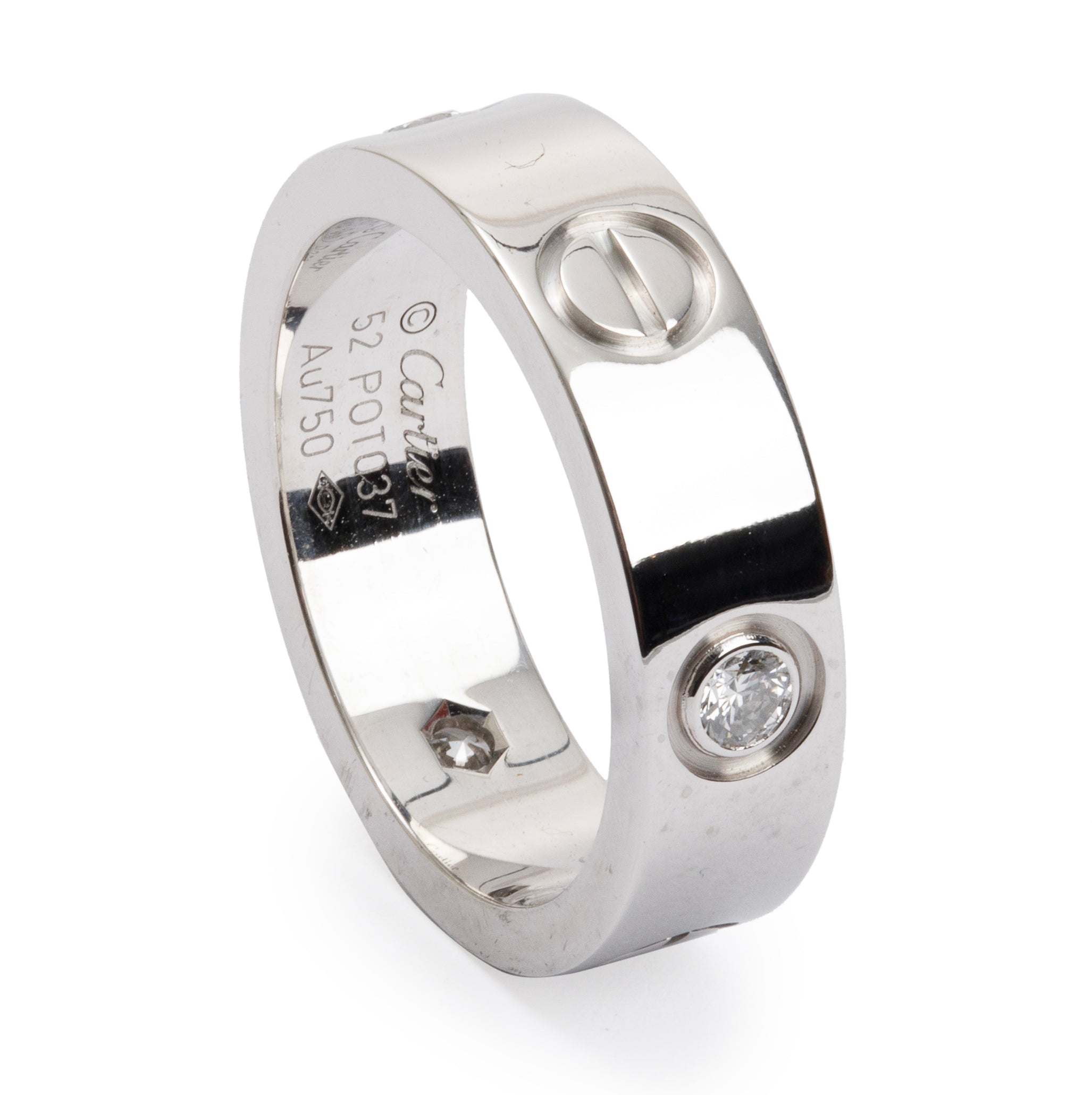 Cartier 18k White Gold 3 Diamond 5.5 MM Love Ring, Size 52 6.25 w/ Box, Receipt & Certificate