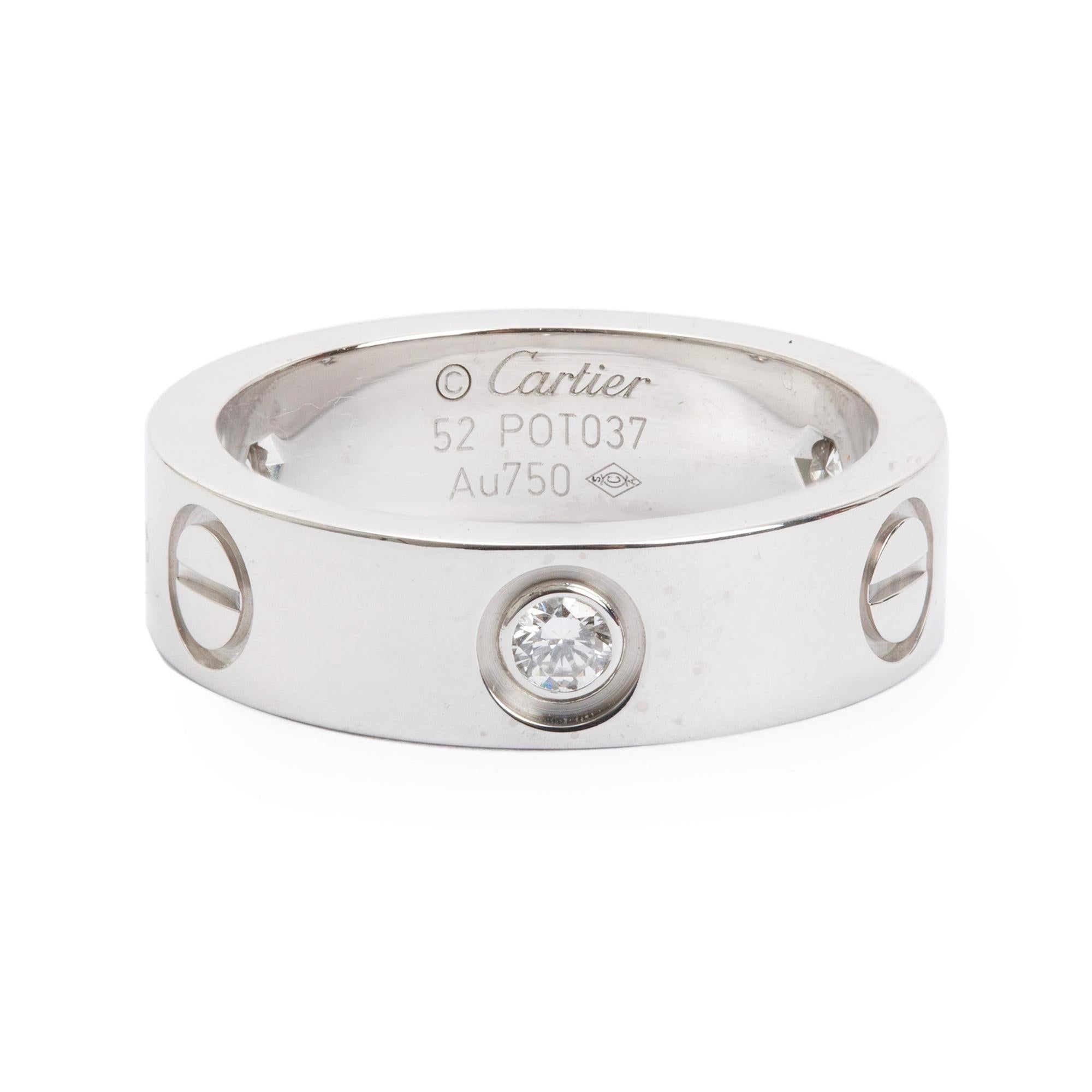 Cartier 18k White Gold 3 Diamond 5.5 MM Love Ring, Size 52 6.25 w/ Box, Receipt & Certificate
