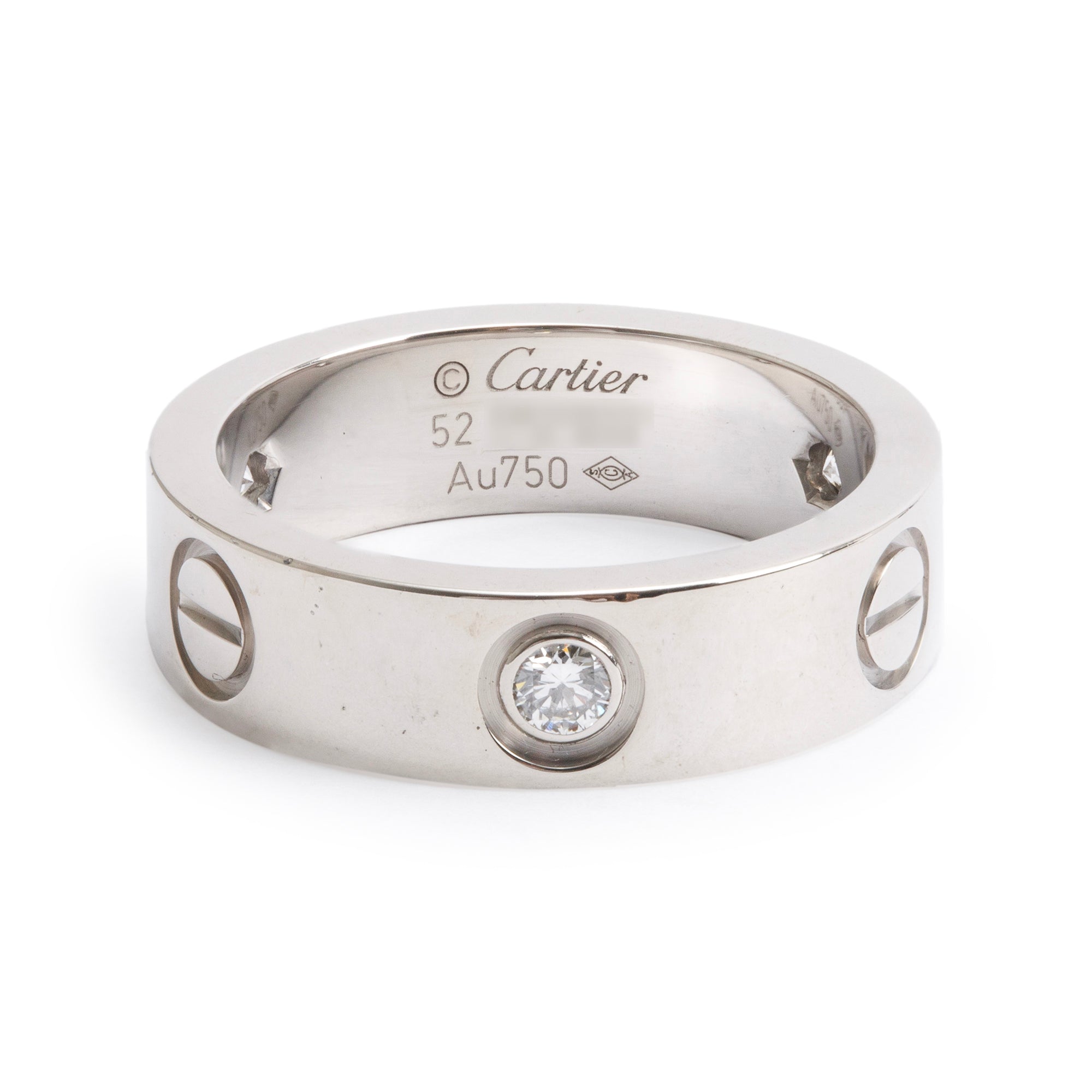 Cartier 18k White Gold 3 Diamond 5.5 MM Love Ring, Size 52 6.25