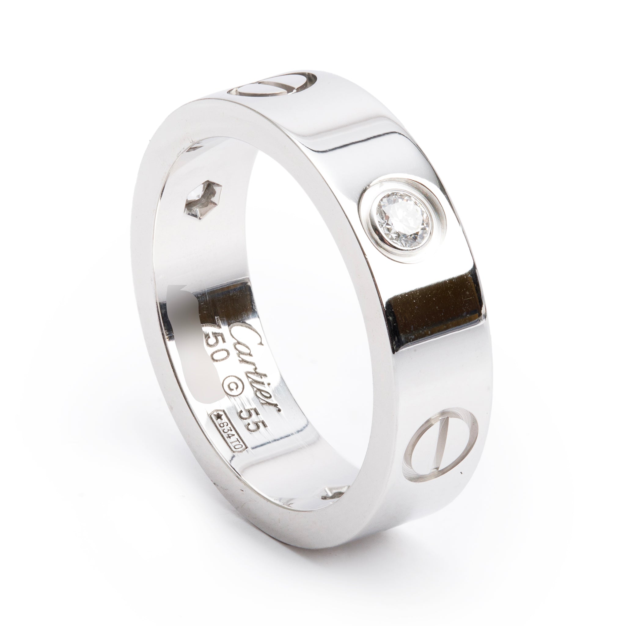 Cartier 18k White Gold 3 Diamond 5.5 MM Love Ring, Size 55 7.25