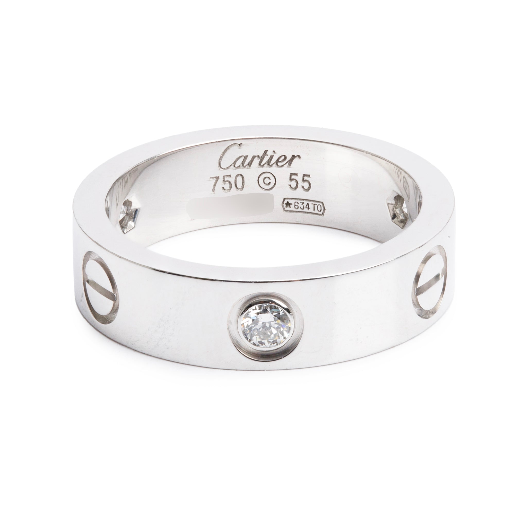Cartier 18k White Gold 3 Diamond 5.5 MM Love Ring, Size 55 7.25