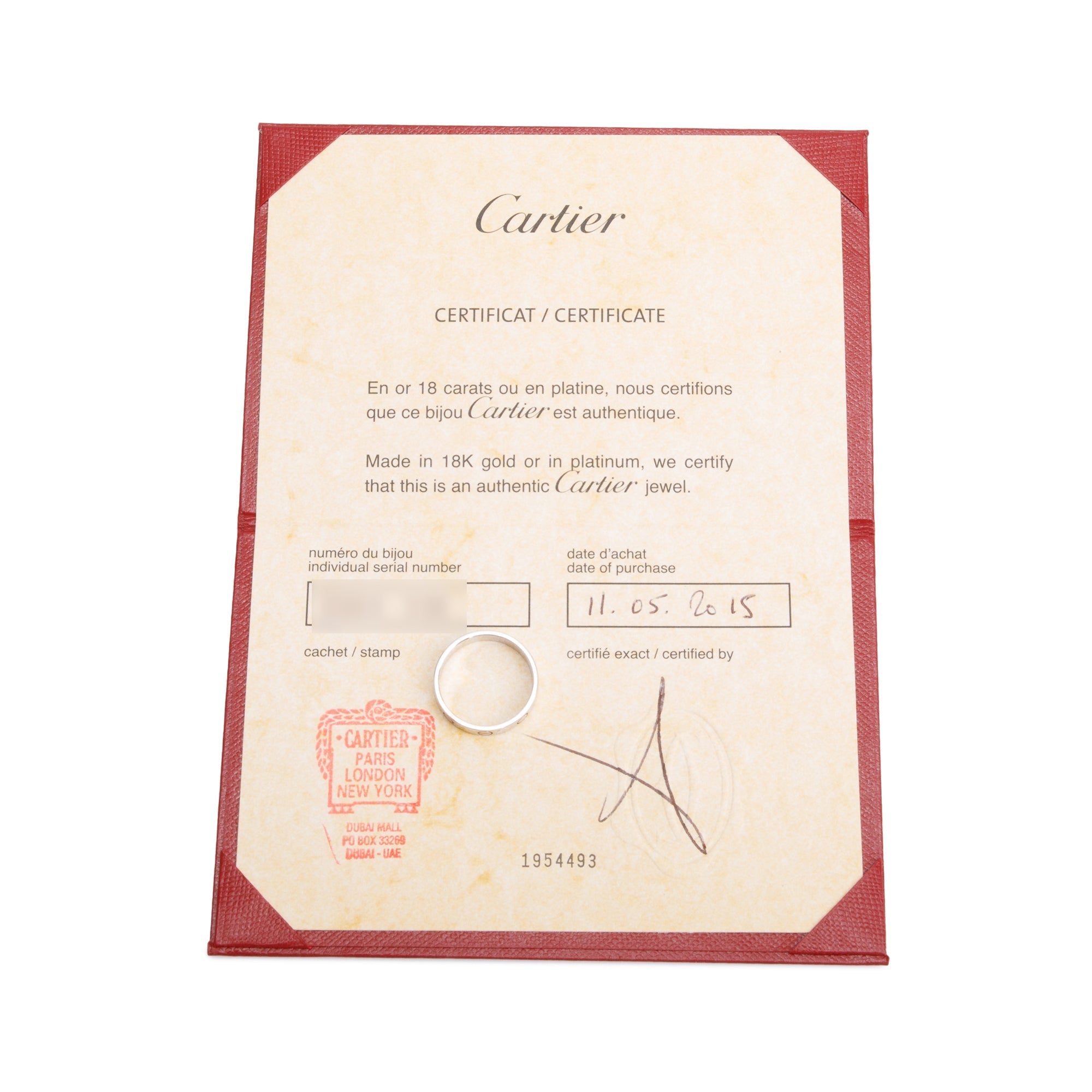 Cartier 18k White Gold 3.6 MM Love Wedding Band Ring, Size 55 7.25 w/ Receipt & Certificate