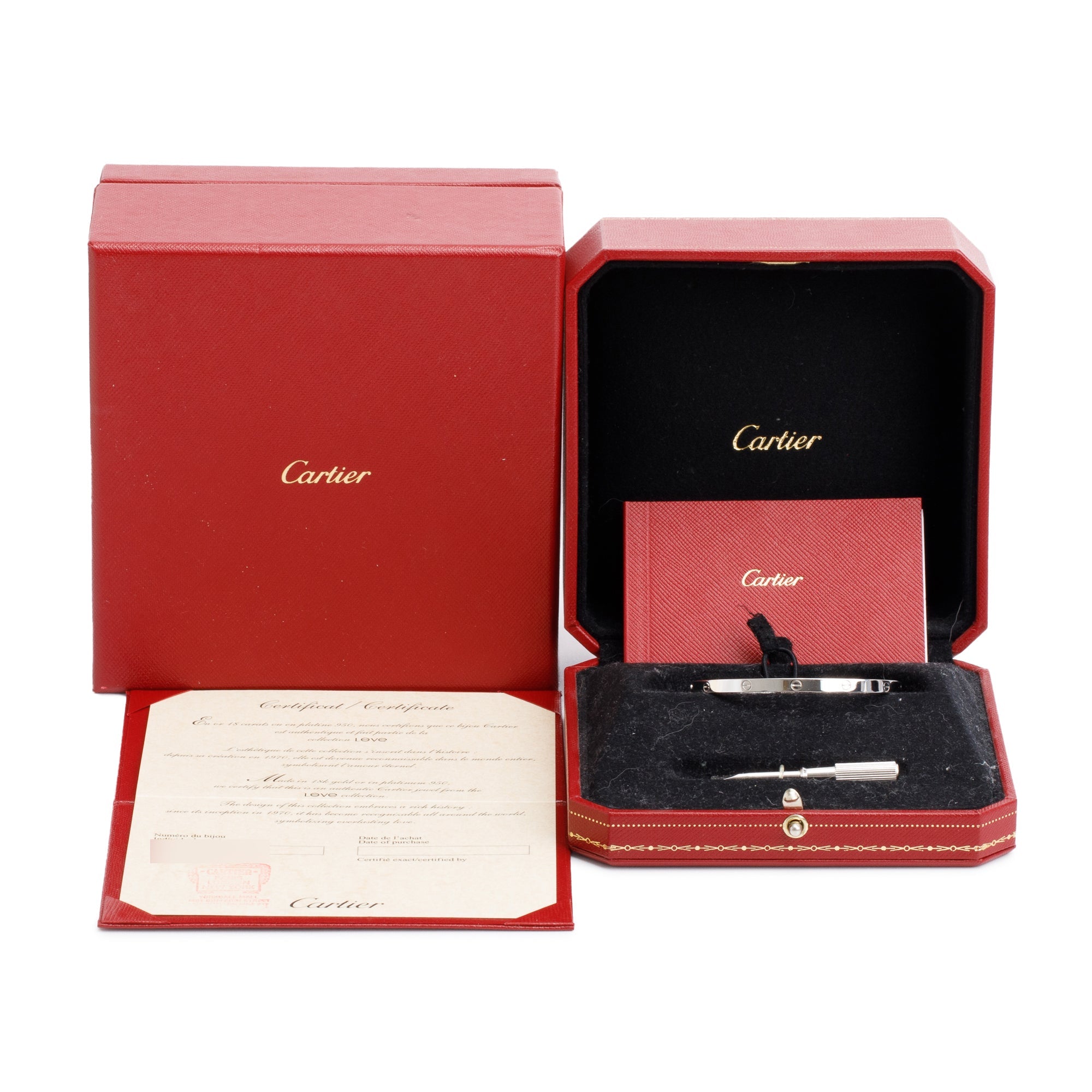 Cartier 18k White Gold 3.65 MM Love Bracelet, Small Model, Size 16 w/ Box, Receipt & Certificate