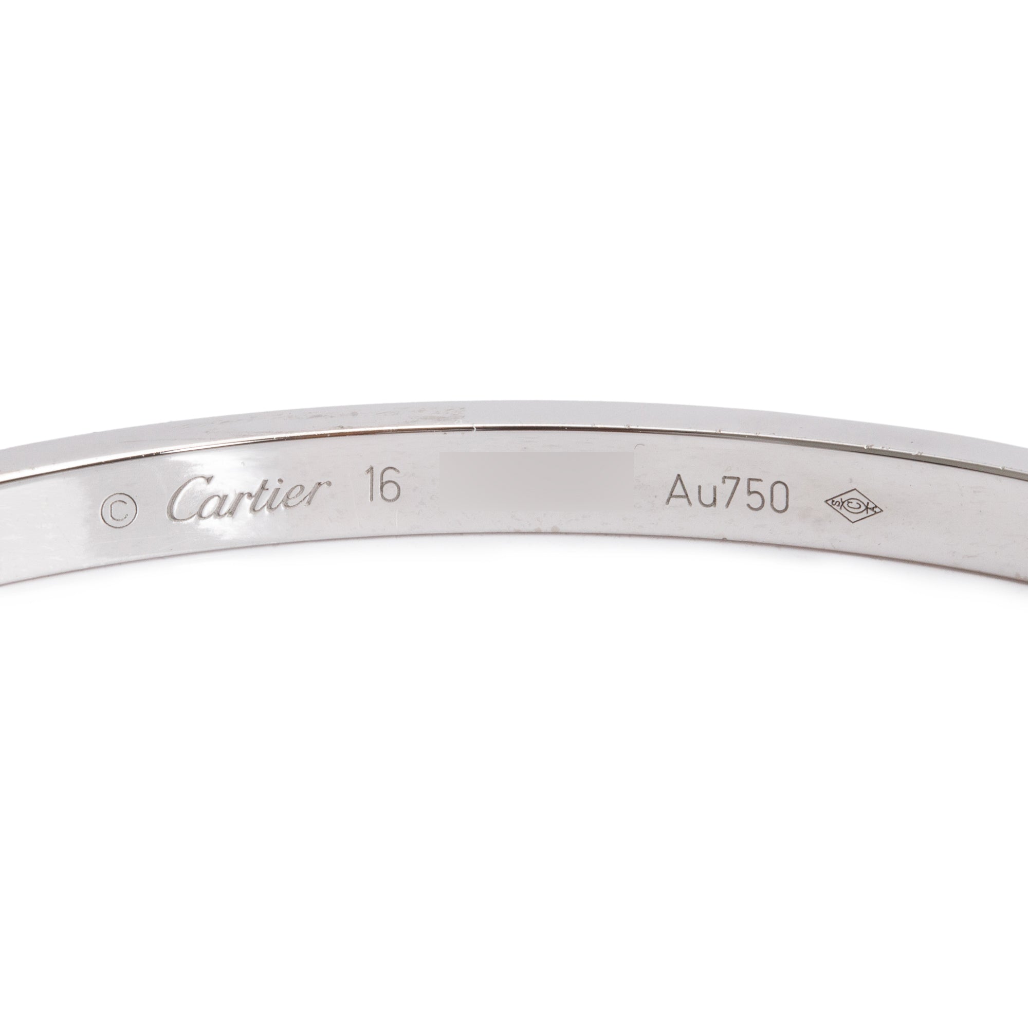 Cartier 18k White Gold 3.65 MM Love Bracelet, Small Model, Size 16 w/ Box, Receipt & Certificate