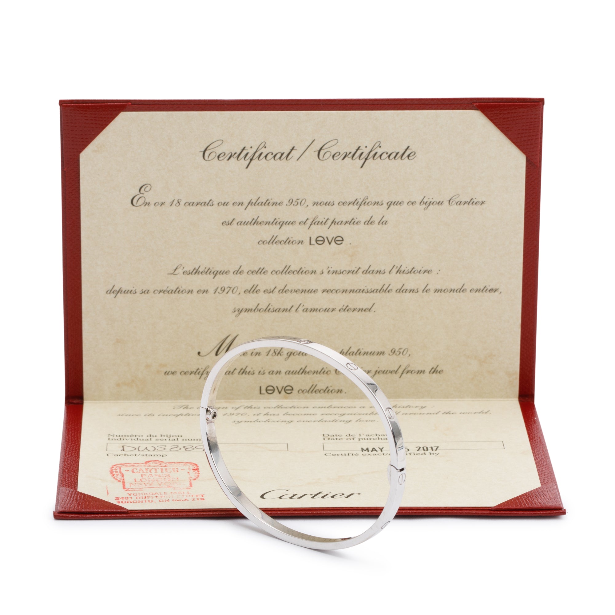Cartier 18k White Gold 3.65 MM Love Bracelet, Small Model, Size 17 w/ Certificate