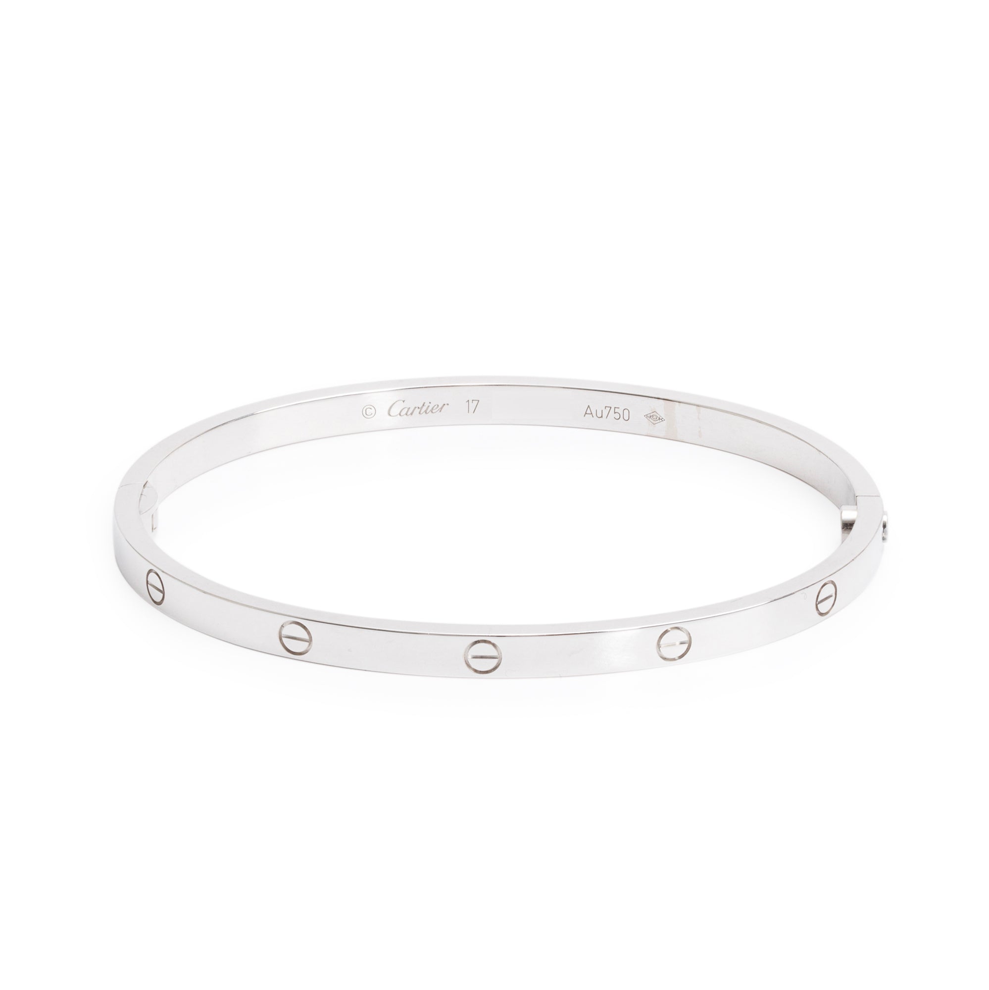 Cartier 18k White Gold 3.65 MM Love Bracelet, Small Model, Size 17