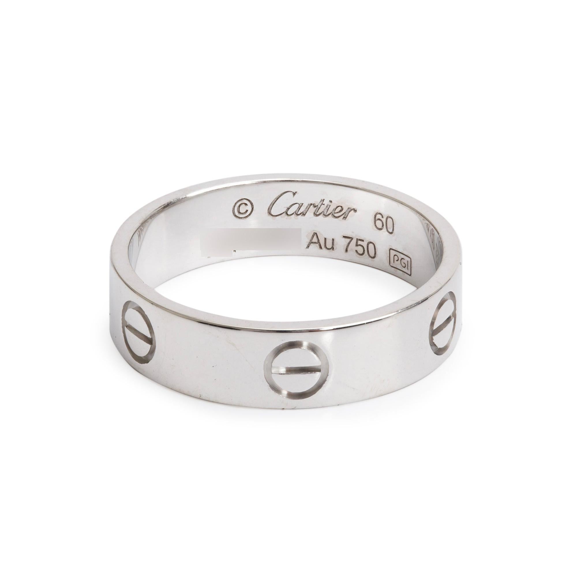 Cartier 18k White Gold 5.5 MM Love Ring, Size 60 9.25