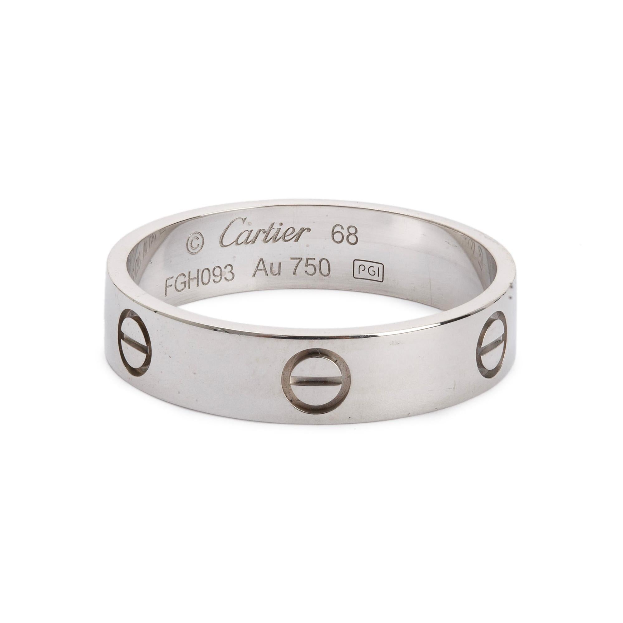Cartier 18k White Gold 5.5 MM Love Ring, Size 68 12.25