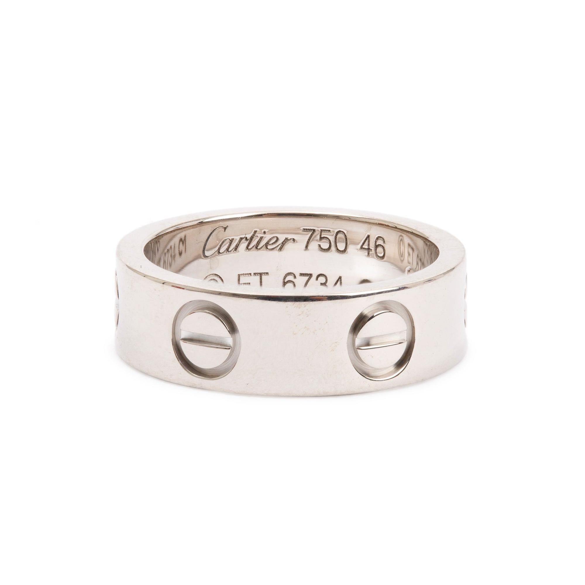 Cartier 18k White Gold 5.5MM Love Ring, Size 46 3.75 w/ Box