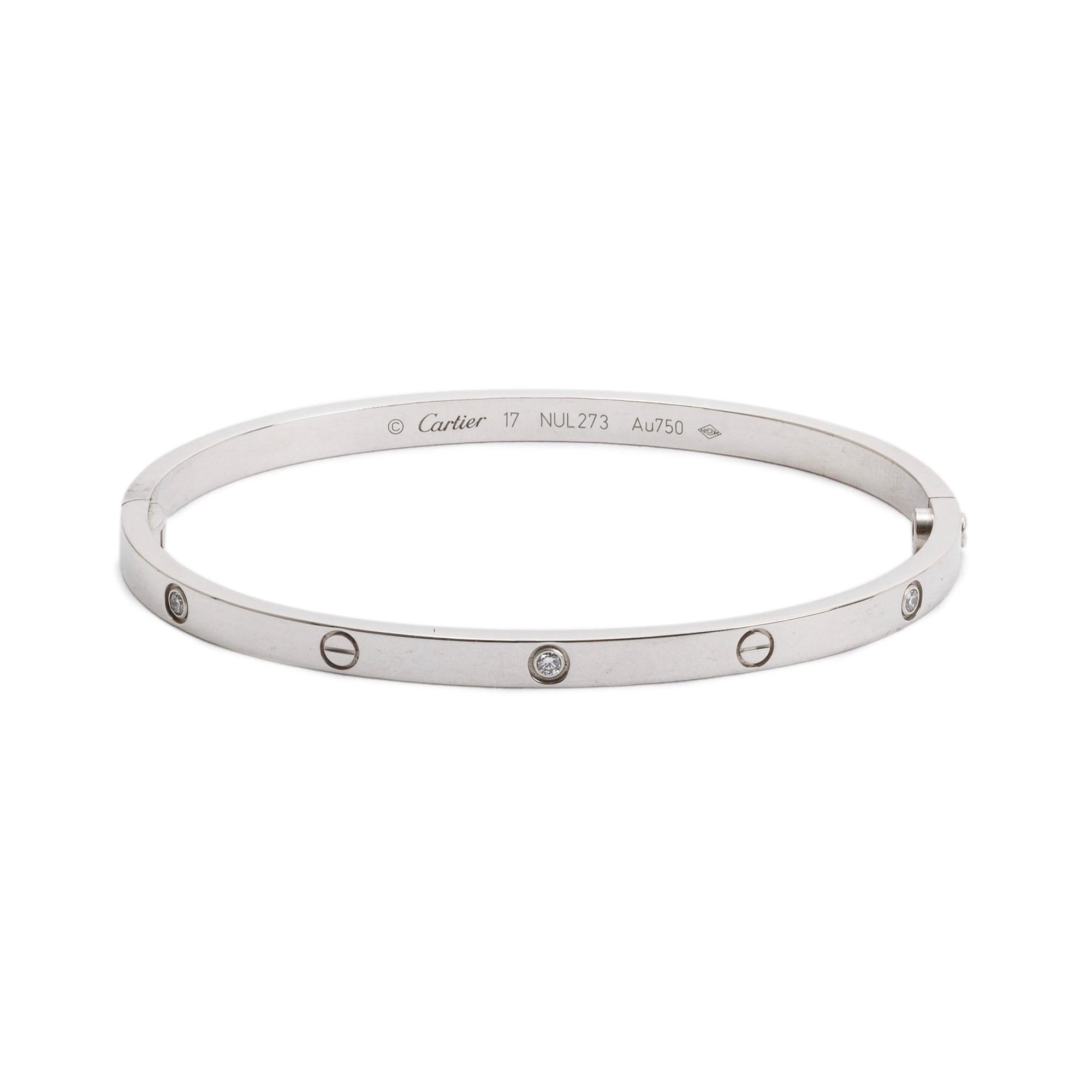 Cartier 18k White Gold 6 Diamond Love Bracelet, Small Model, Size 17 w/ Box & Receipt
