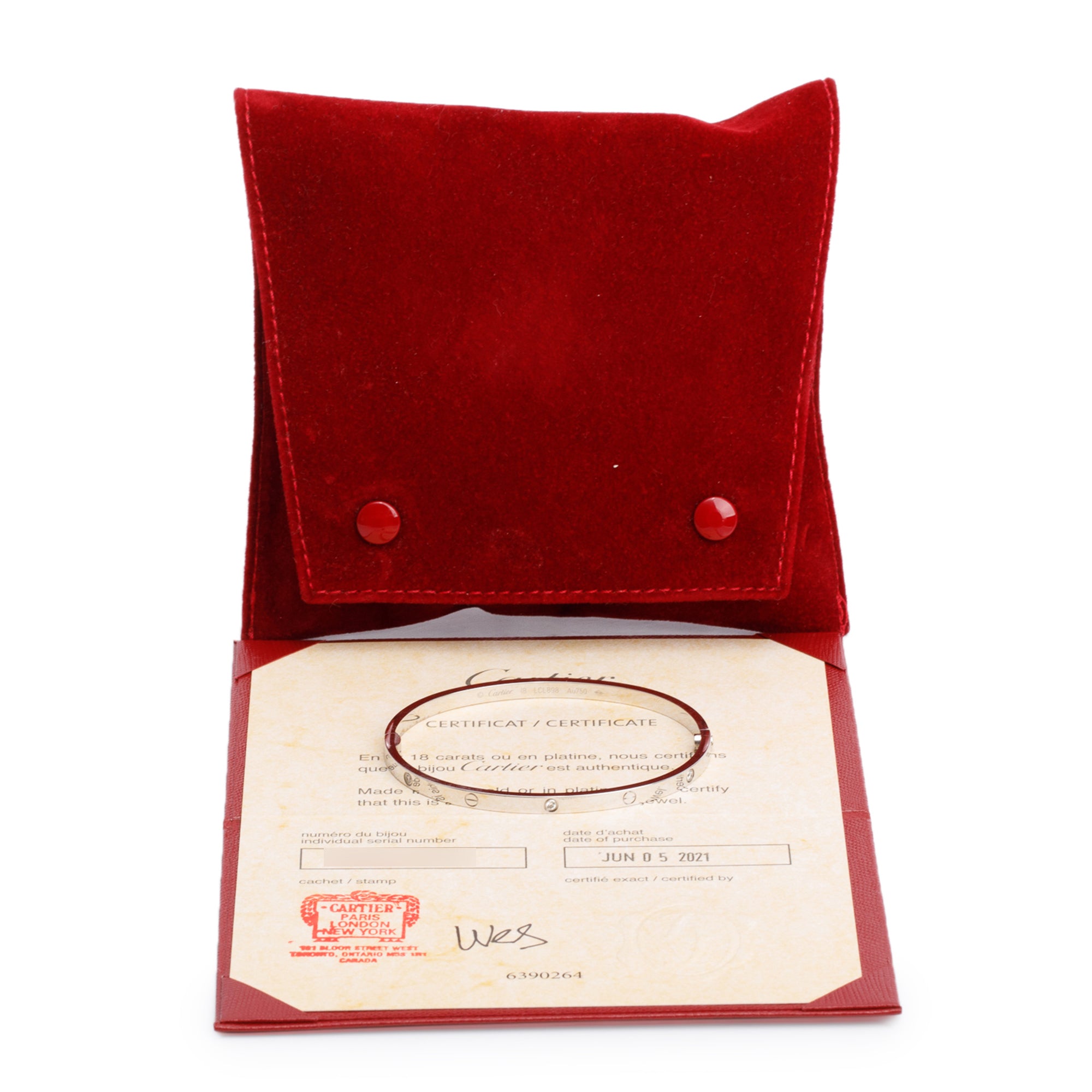Cartier 18k White Gold 6 Diamond Love Bracelet, Small Model, Size 18 w/ Receipt & Certificate