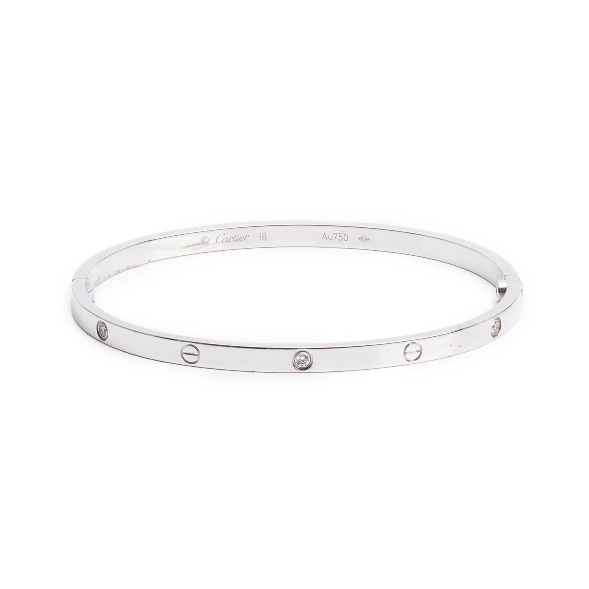 Cartier 18k White Gold 6 Diamond Love Bracelet, Small Model, Size 18 w/ Receipt & Certificate