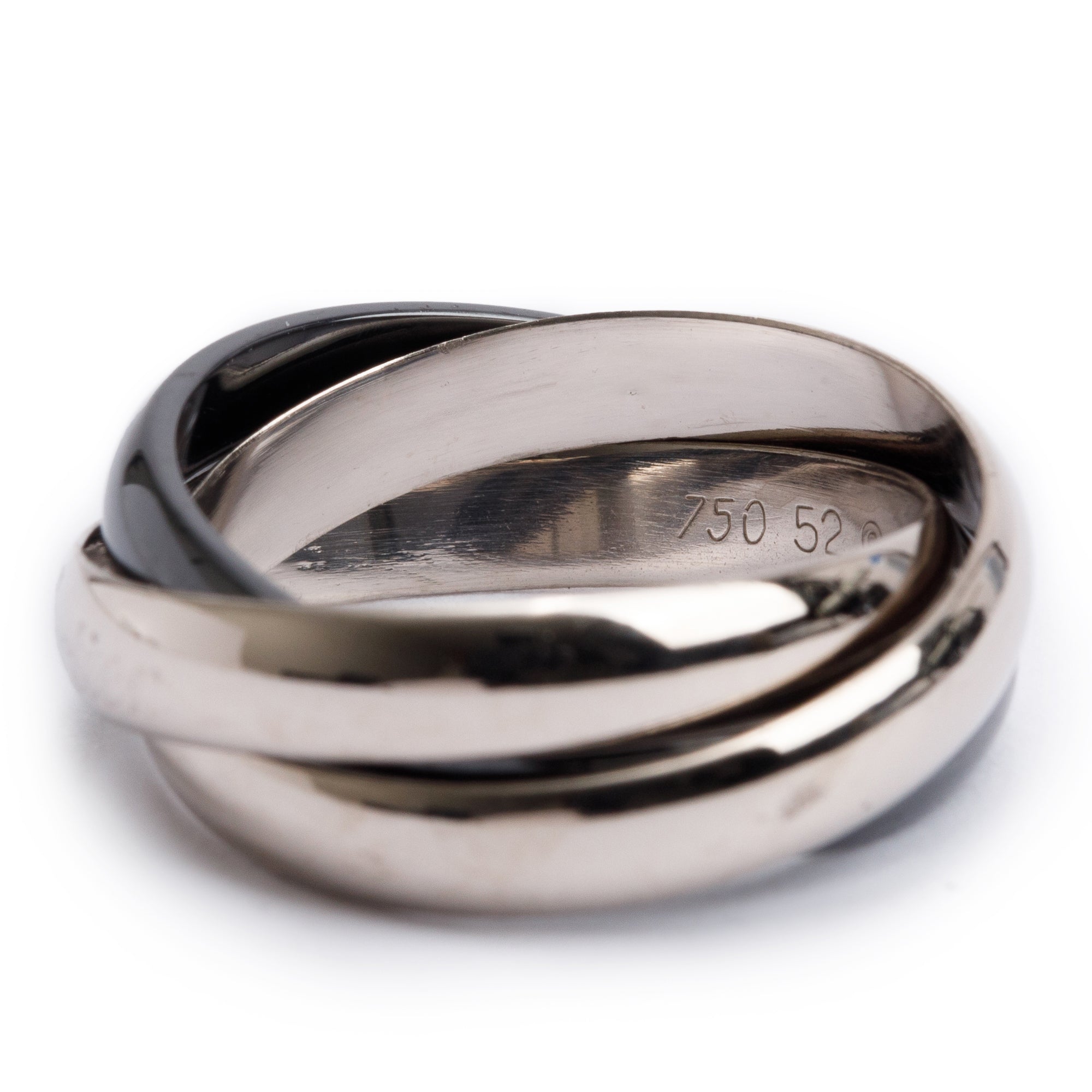 Cartier 18k White Gold & Black Ceramic Trinity Rolling Ring, Size 52 6.5