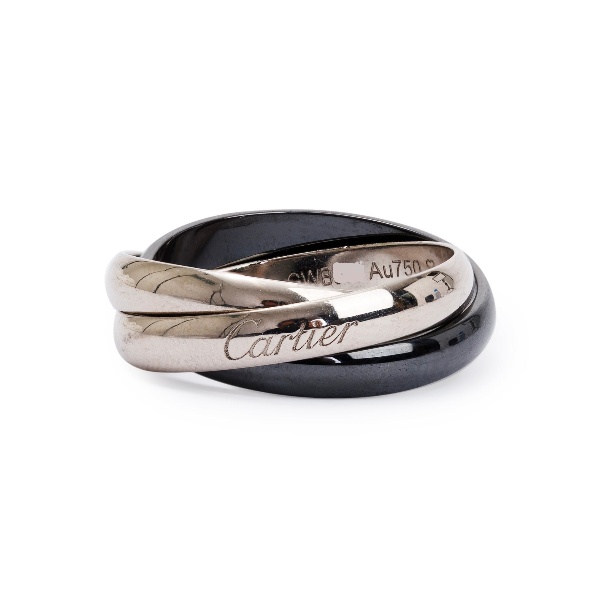 Cartier 18k White Gold & Black Ceramic Trinity Rolling Ring, Size 58 8.75 w/ Receipt