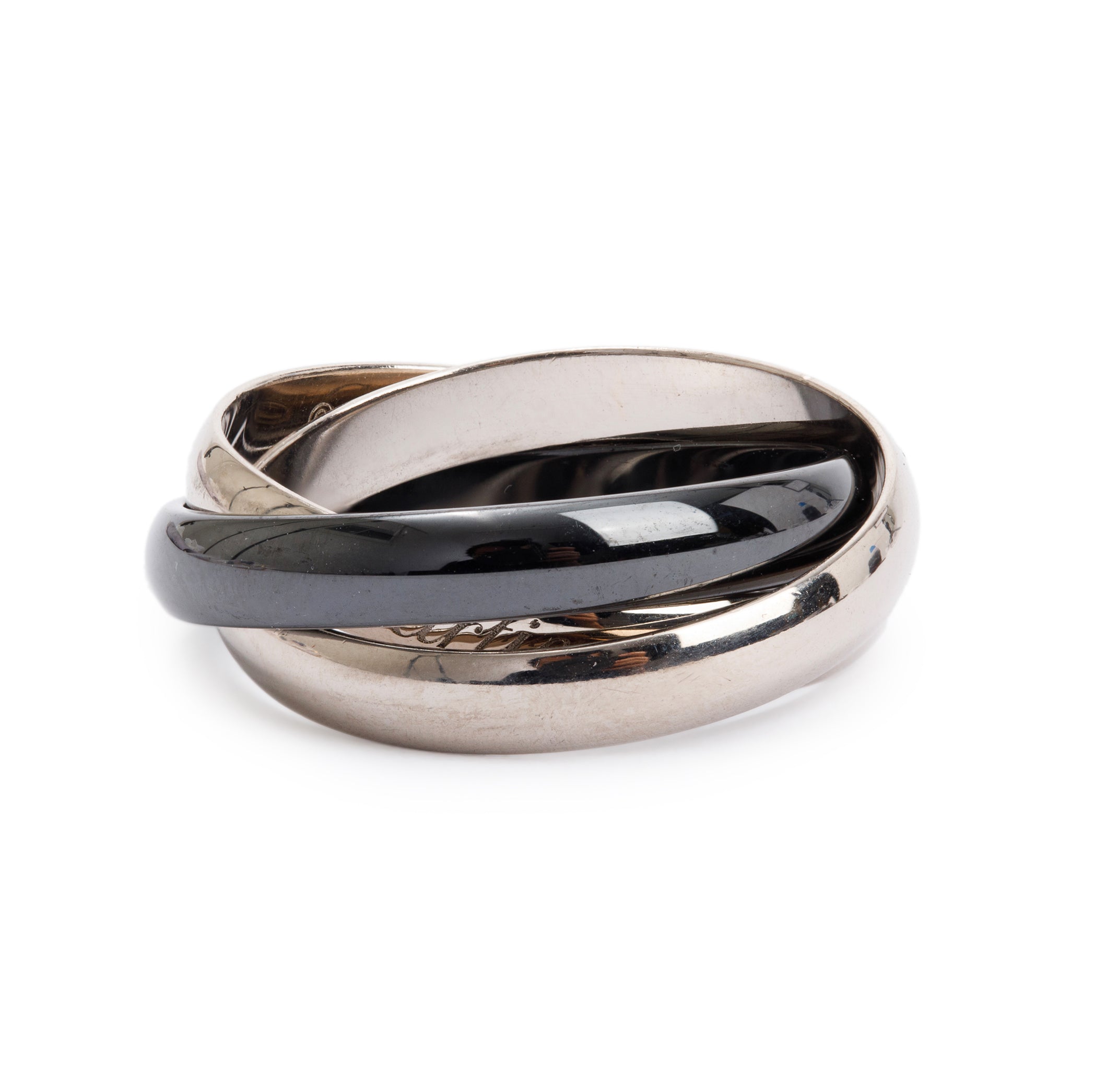 Cartier 18k White Gold & Black Ceramic Trinity Rolling Ring, Size 58 8.75 w/ Receipt
