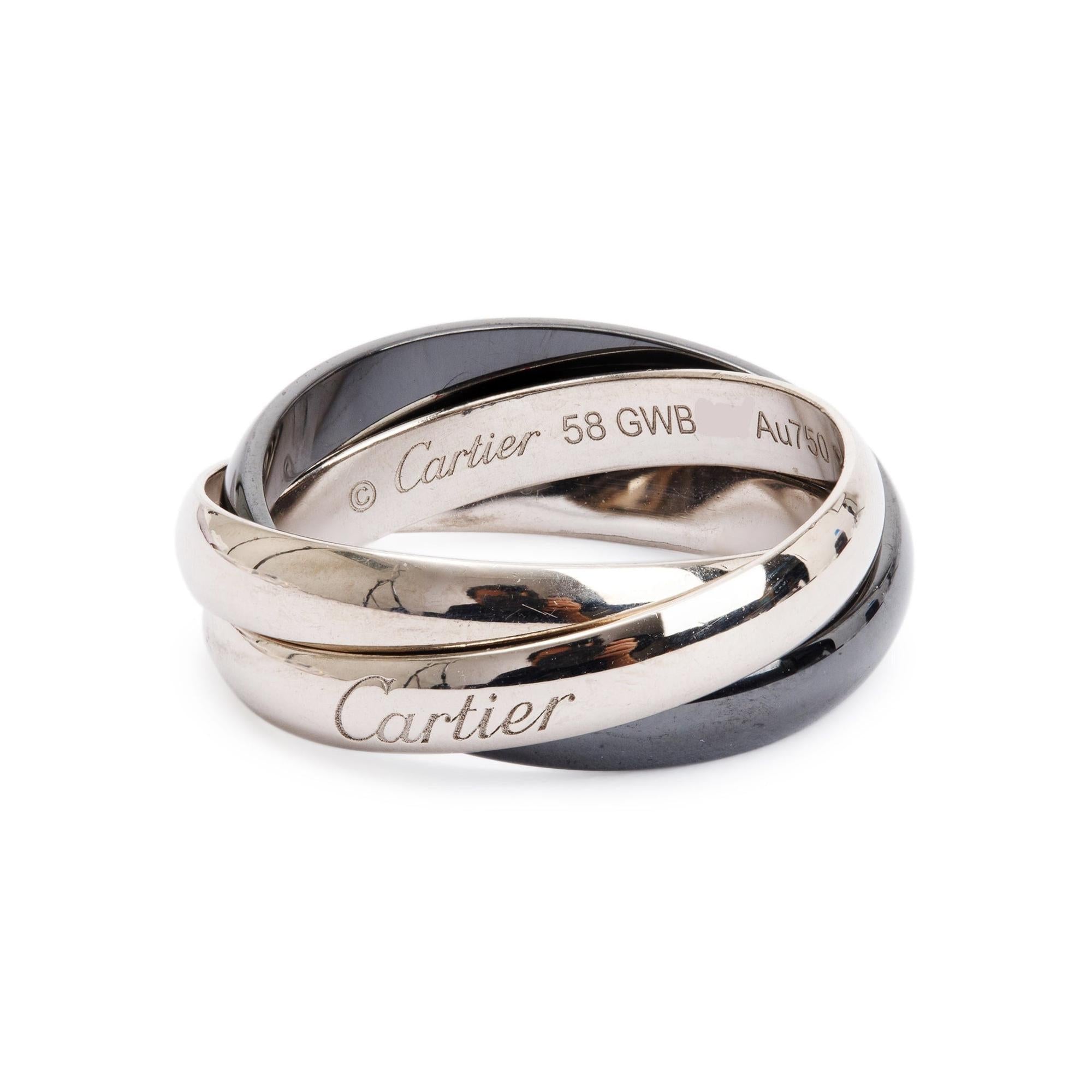 Cartier 18k White Gold & Black Ceramic Trinity Rolling Ring, Size 58 8.75 w/ Receipt