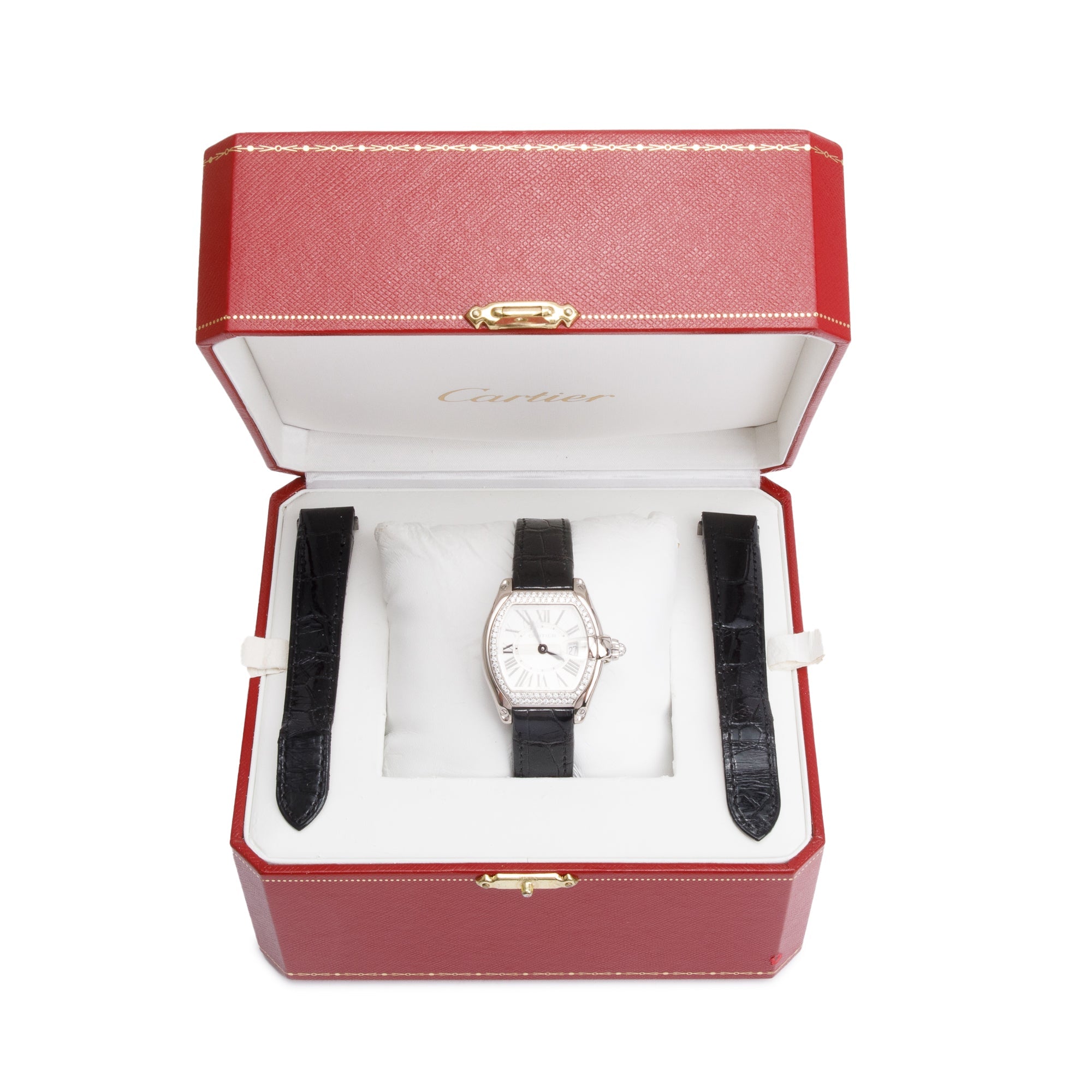 Cartier 18k White Gold Diamond Bezel Roadster 31 MM Quartz Watch 2723 w/ Box, Extra Strap & Papers