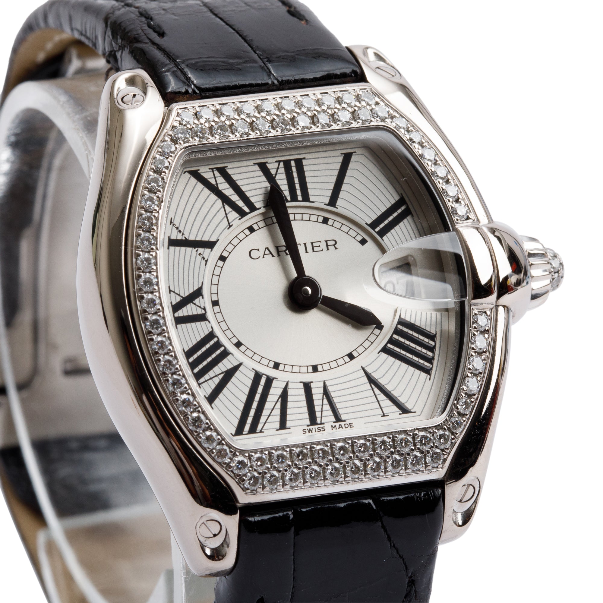 Cartier 18k White Gold Diamond Bezel Roadster 31 MM Quartz Watch 2723 w/ Box, Extra Strap & Papers