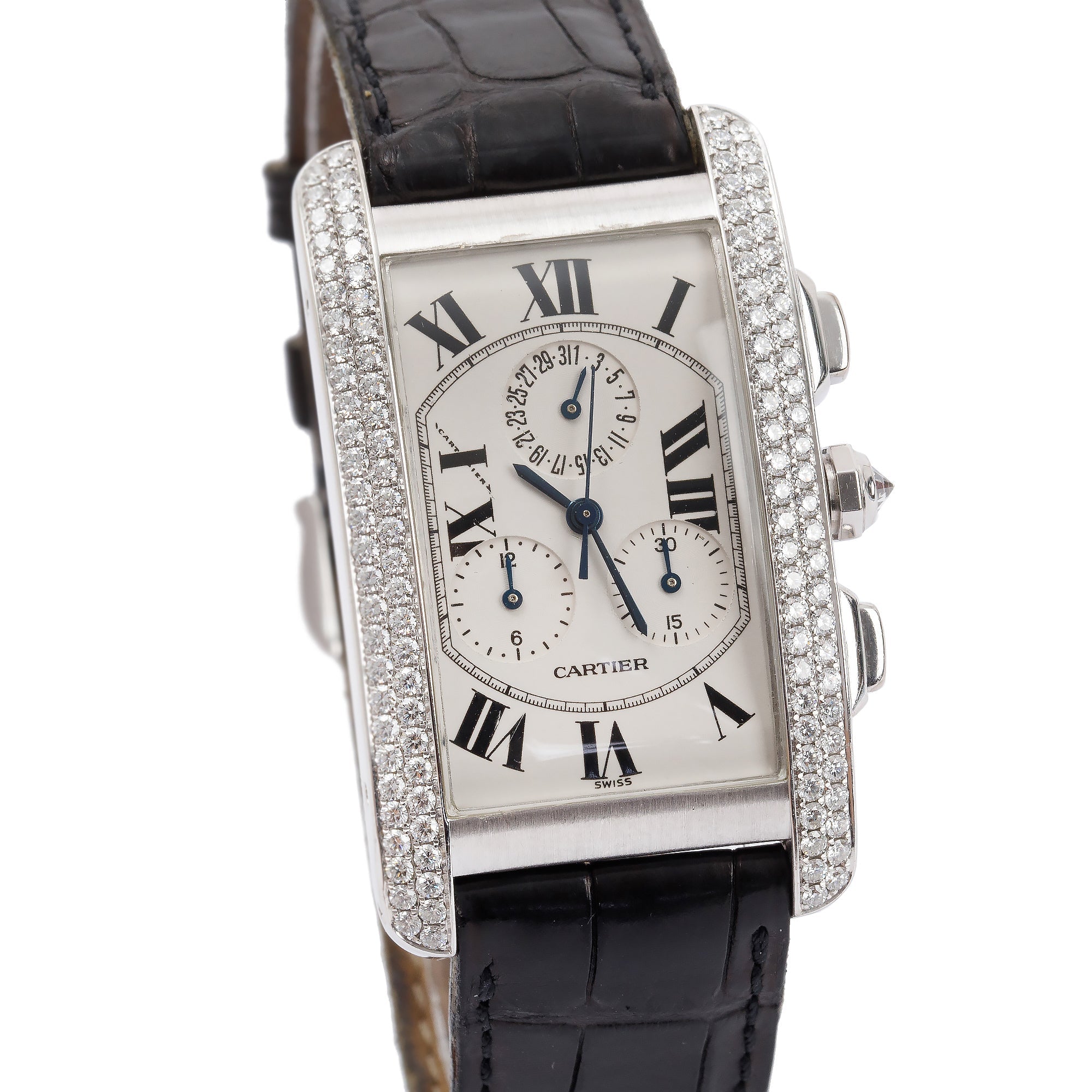 Cartier 18k White Gold Diamond Bezel Tank Americaine Chronoflex Watch