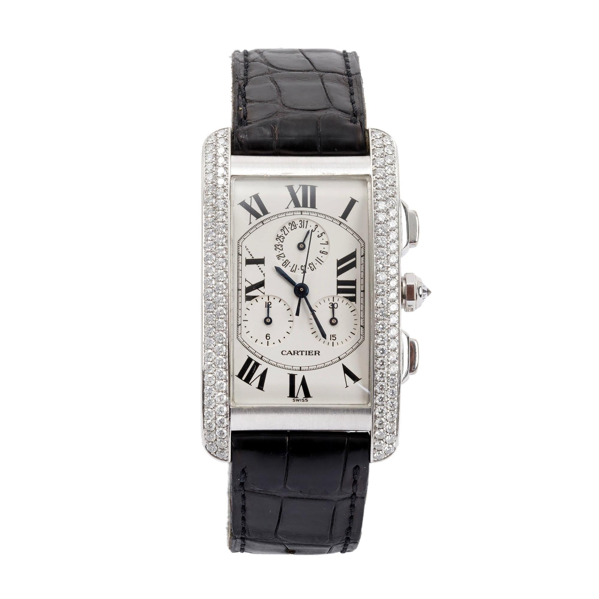 Cartier 18k White Gold Diamond Bezel Tank Americaine Chronoflex Watch