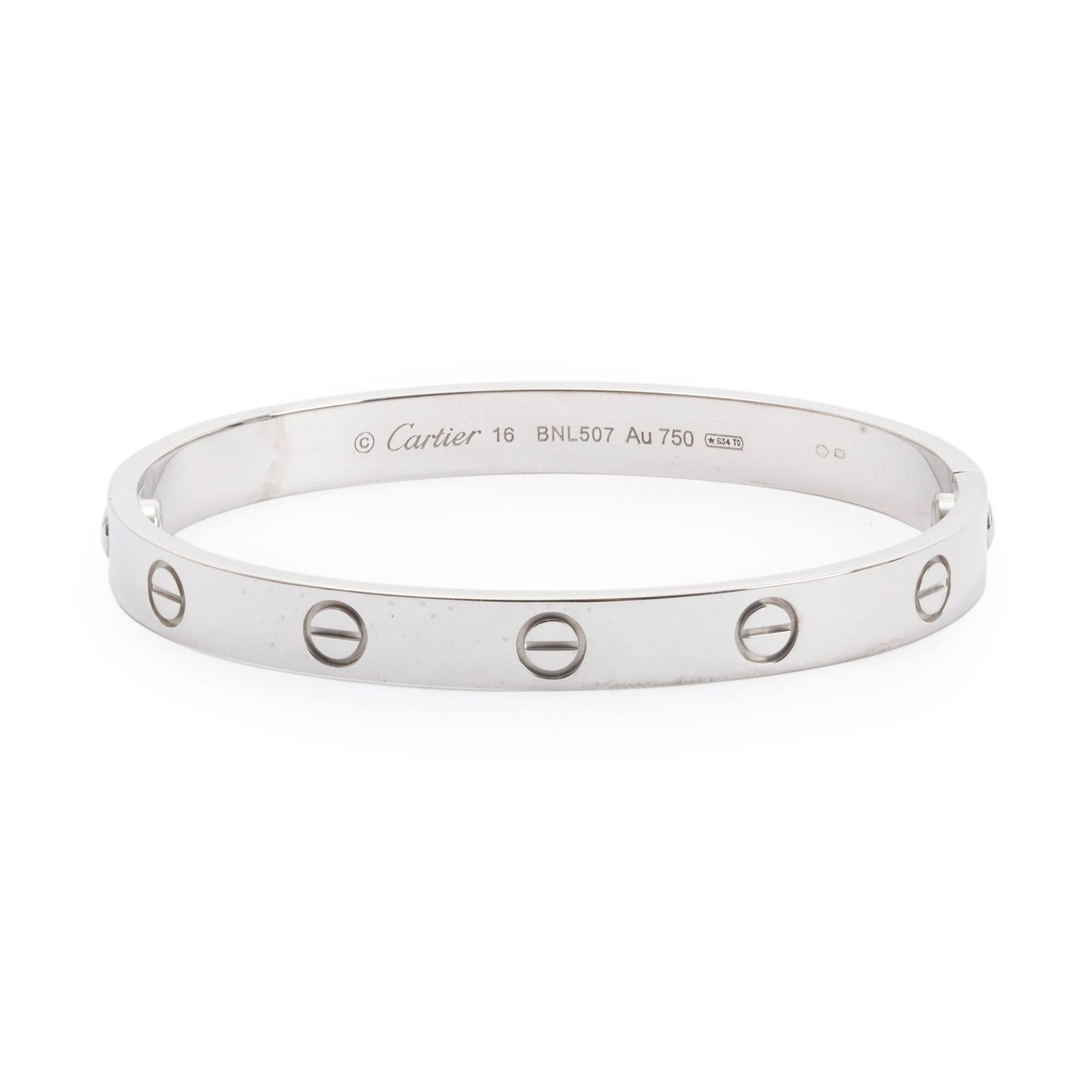 Cartier 18k White Gold Love Bracelet, Size 16