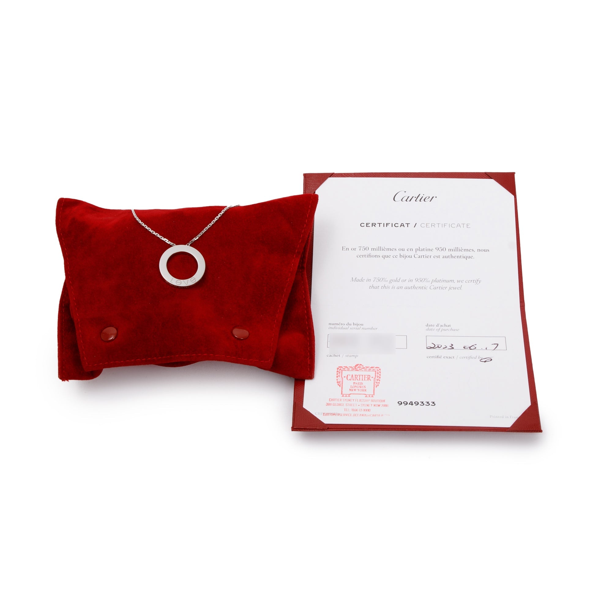 Cartier 18k White Gold Love Pendant Necklace w/ Certificate