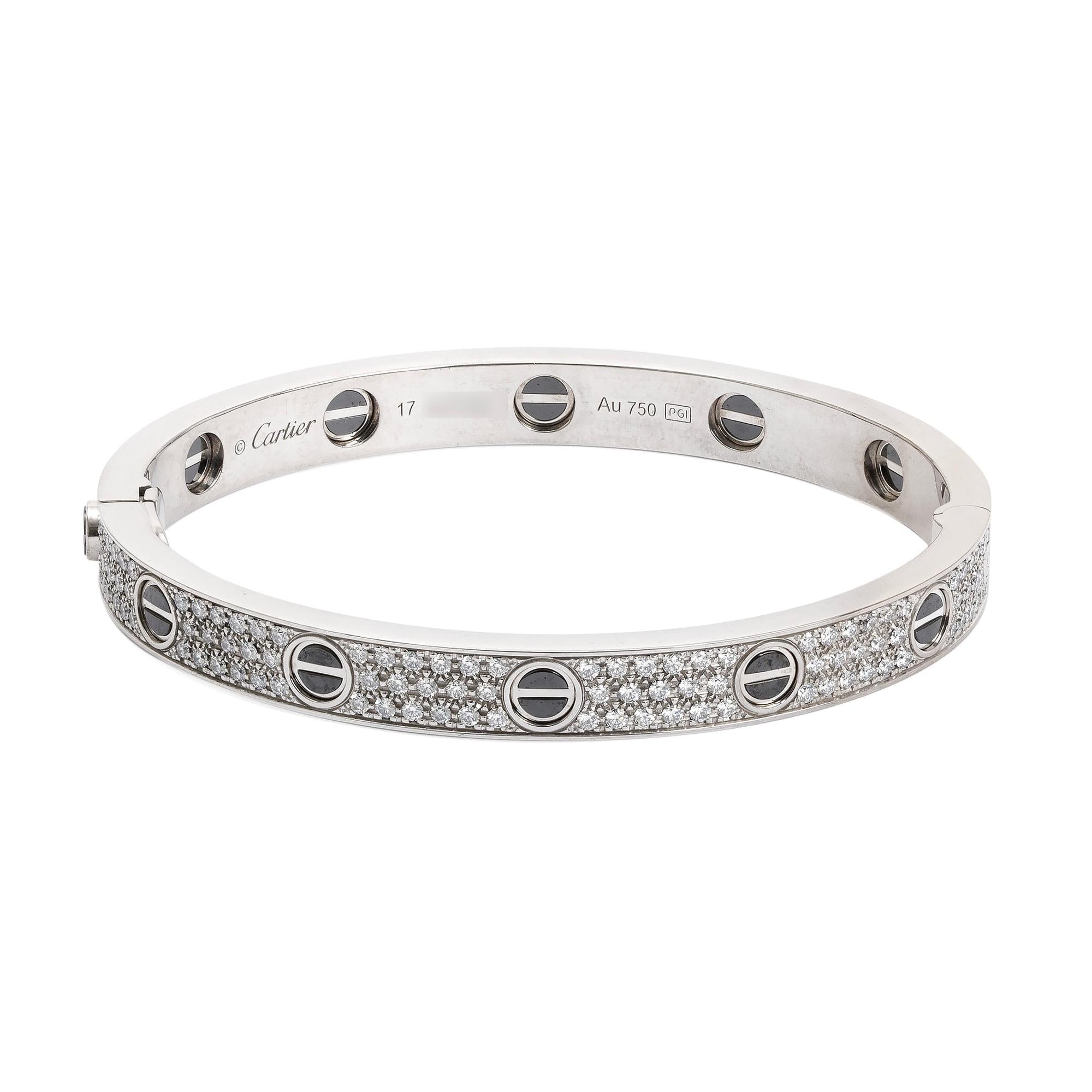 Cartier 18k White Gold Pave Diamond & Black Ceramic Love Bracelet, Size 17 w/ Box
