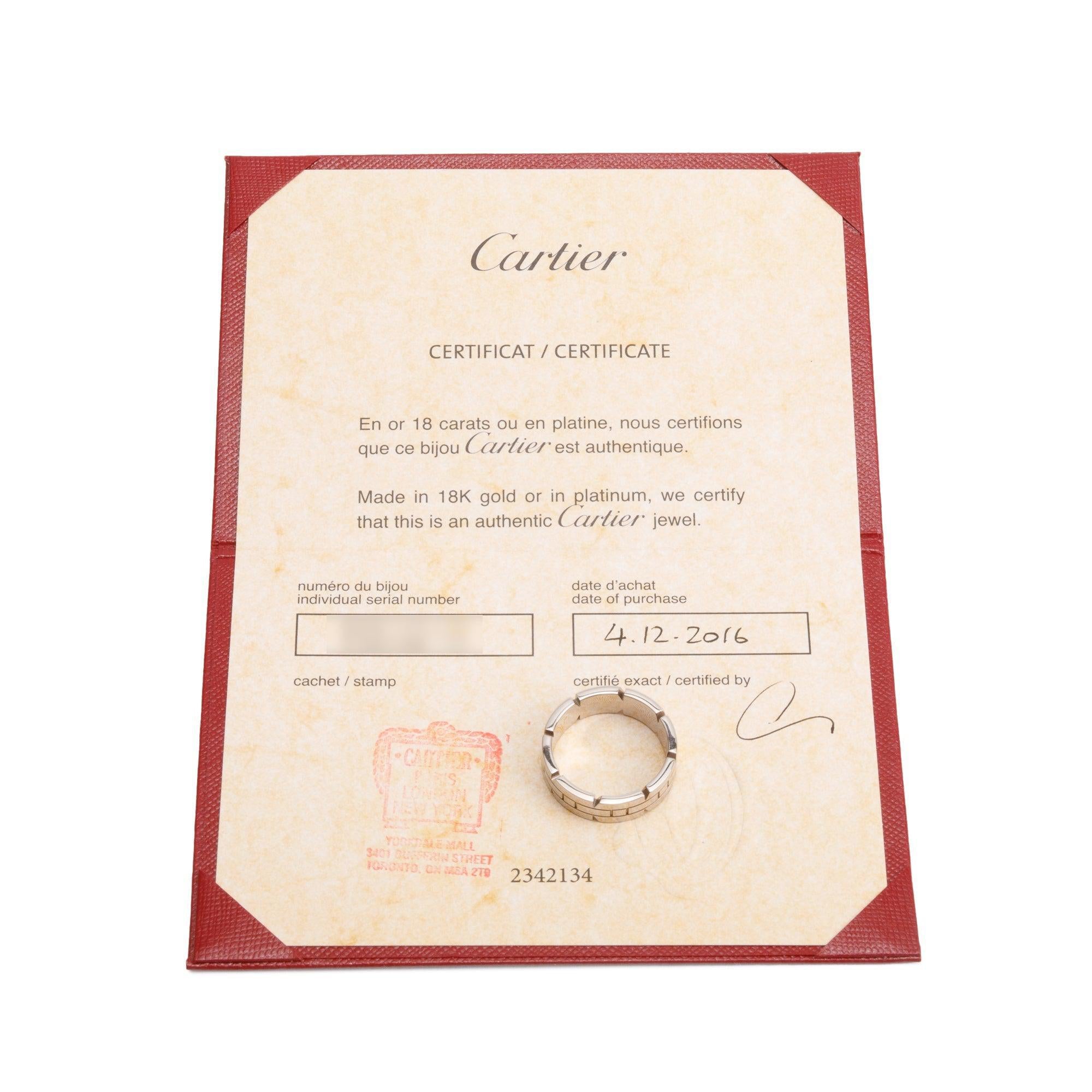 Cartier 18k White Gold Tank Francaise Ring, Size 62 10 w/ Receipt & Certificate
