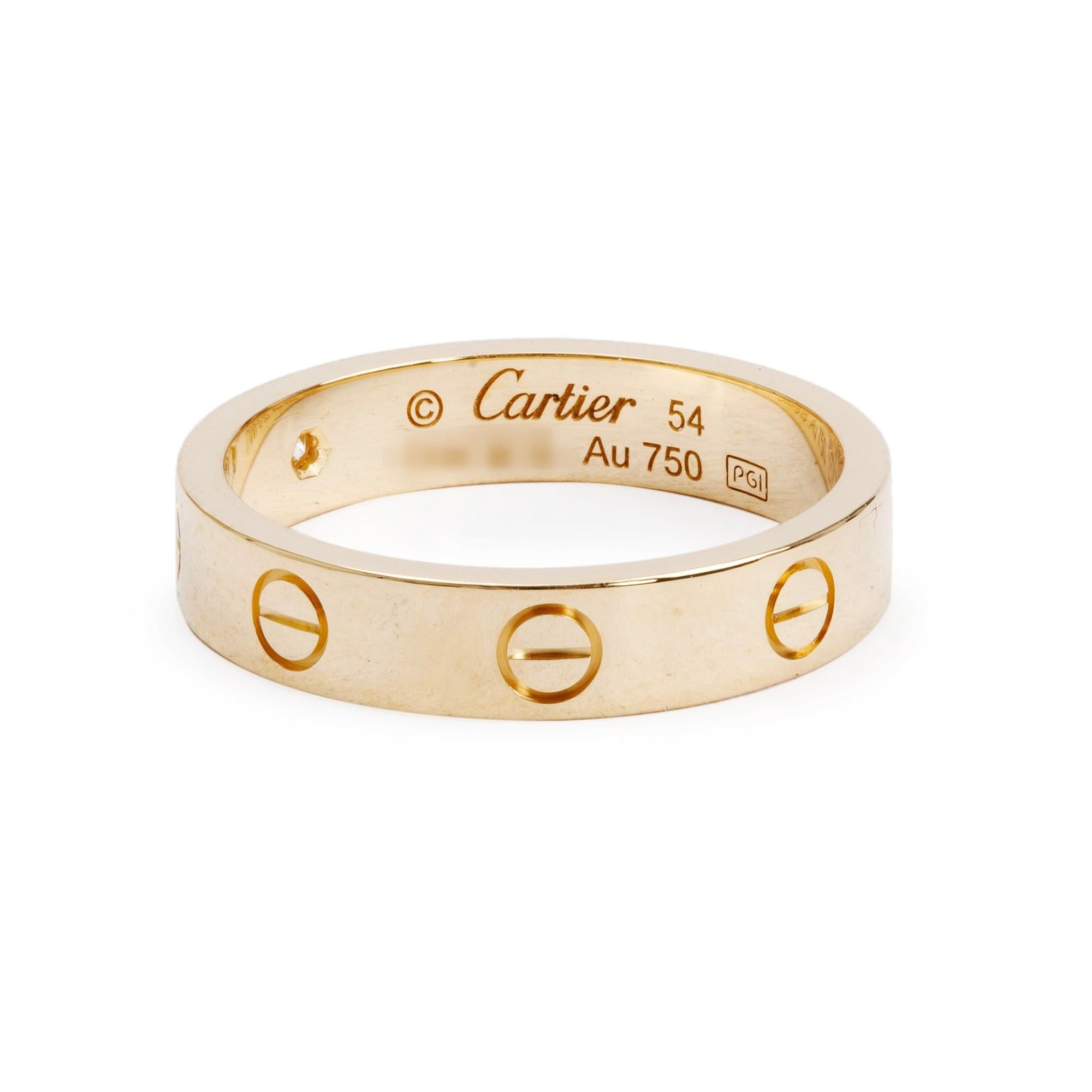 Cartier 18k Yellow Gold 1 Diamond 4 MM Love Wedding Band Ring, Size 54 6.75 w/ Box & Certificate