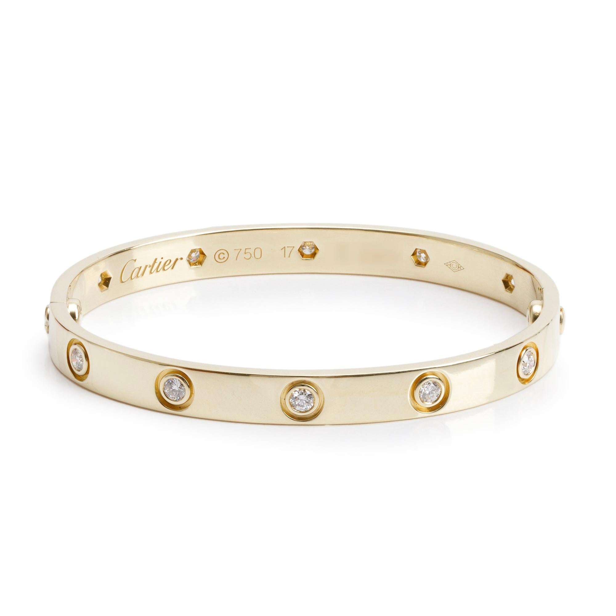 Cartier 18k Yellow Gold 10 Diamond Love Bracelet, Size 17 w/ Certificate