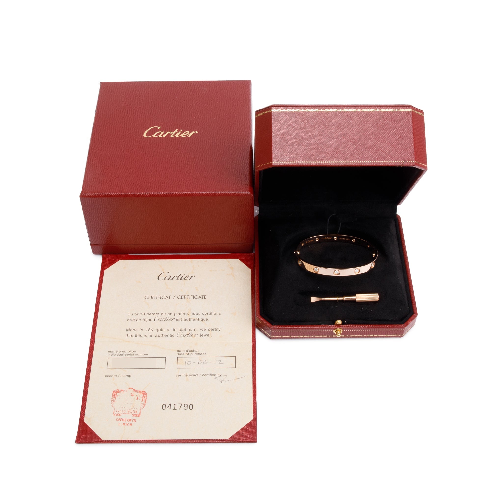 Cartier 18k Yellow Gold 10 Diamond Love Bracelet, Size 18 w/ Box & Certificate