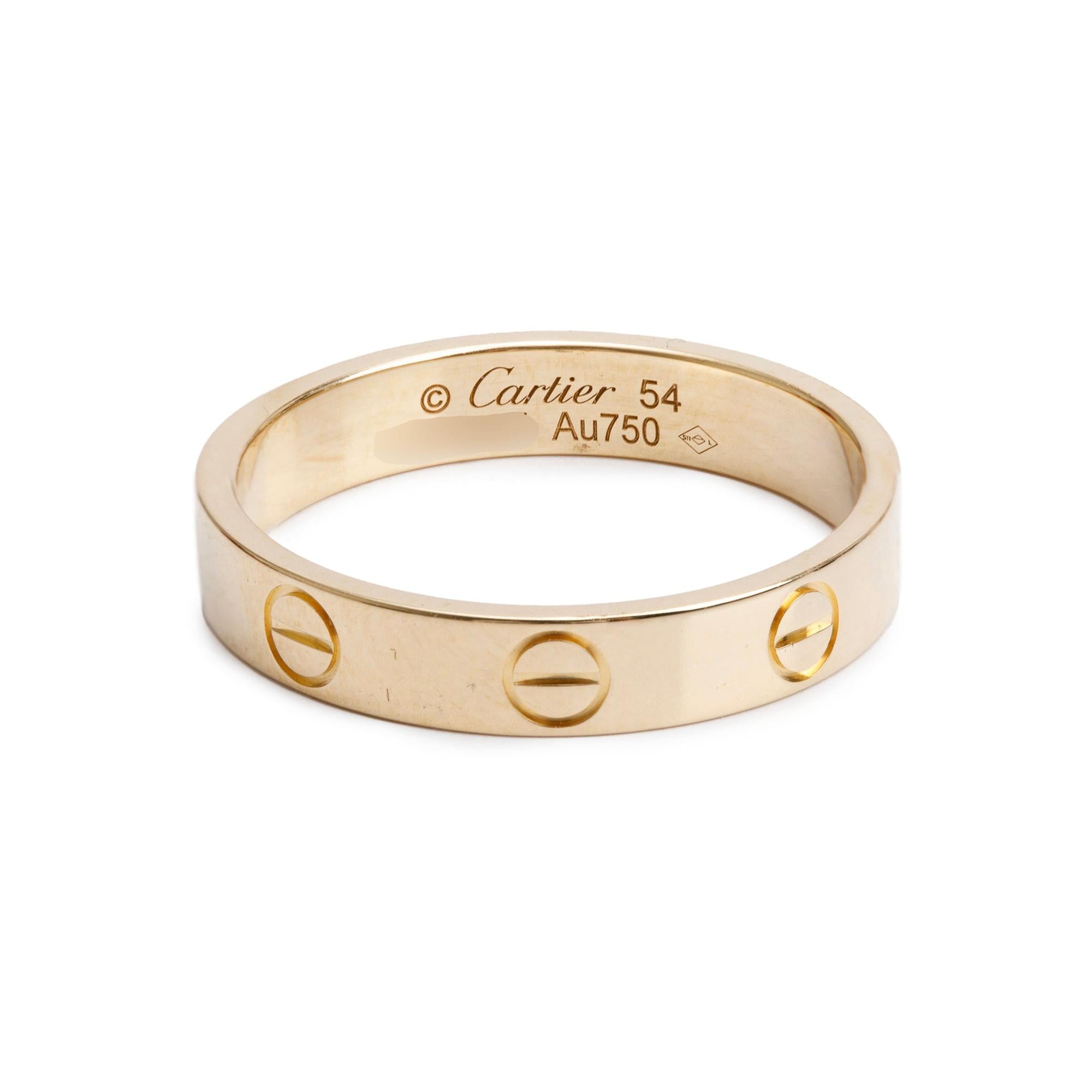 Cartier 18k Yellow Gold 3.6 mm Love Wedding Band Ring, Size 54 7 w/ Box & Certificate