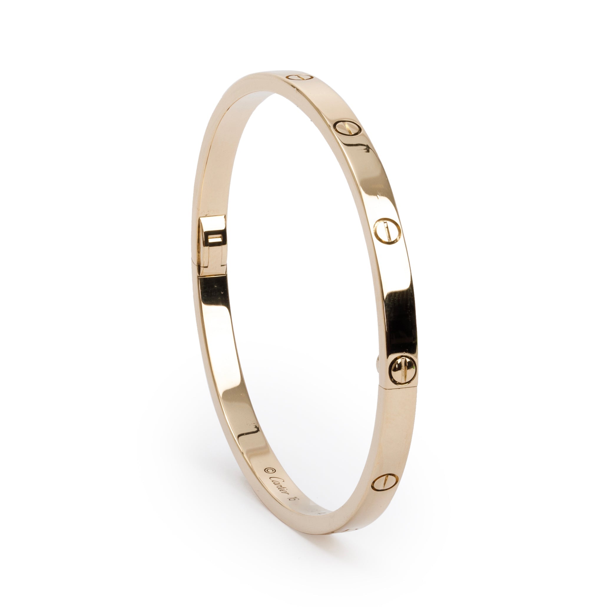 Cartier 18k Yellow Gold 3.65 MM Love Bracelet, Small Model, Size 16 w/ Box, Certificate & Screwdriver