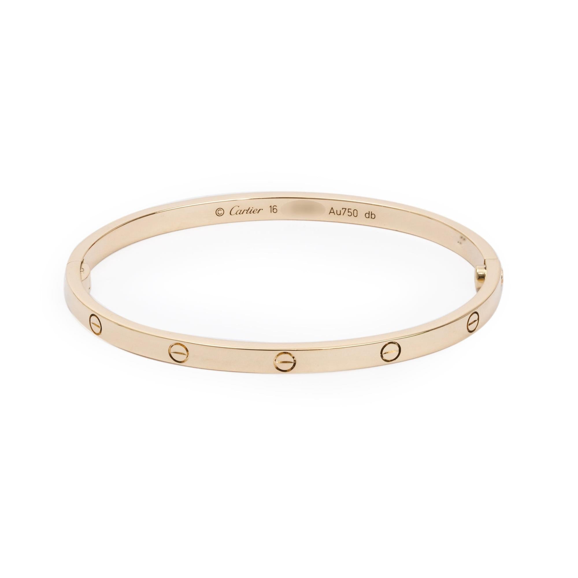 Cartier 18k Yellow Gold 3.65 MM Love Bracelet, Small Model, Size 16 w/ Box, Certificate & Screwdriver
