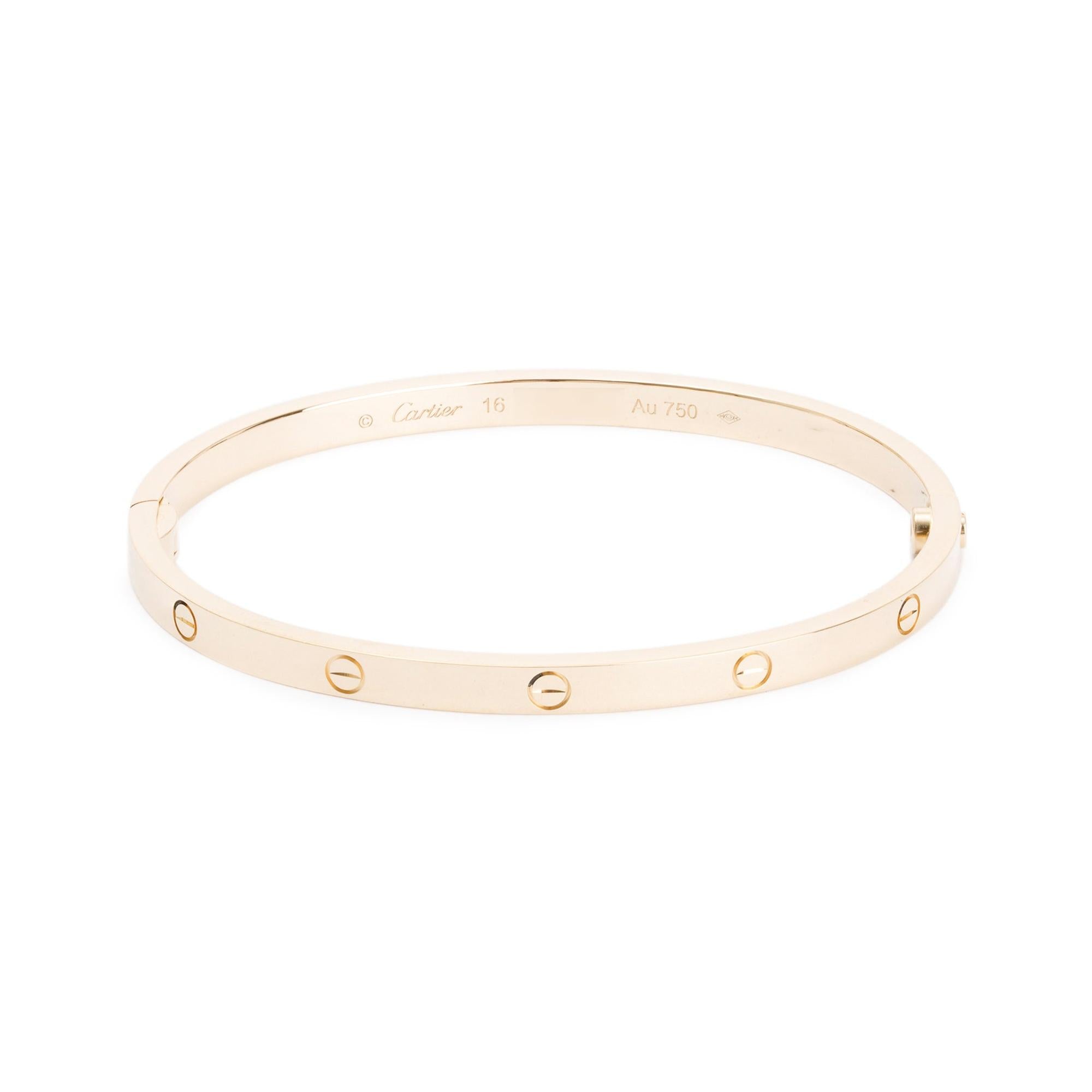 Cartier 18k Yellow Gold 3.65 MM Love Bracelet, Small Model, Size 16 w/ Box & Receipt