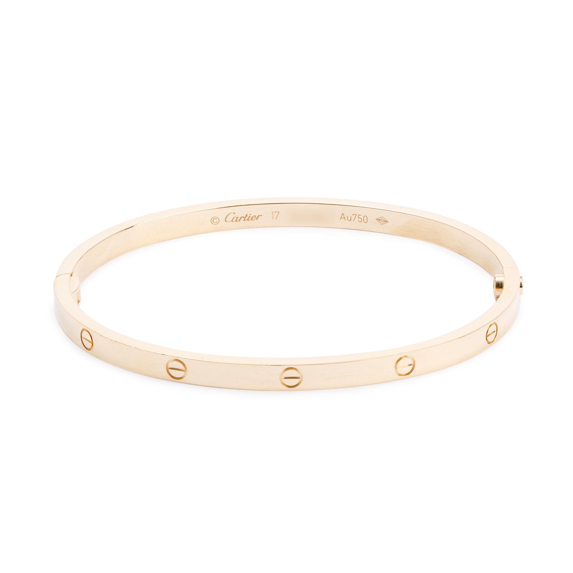 Cartier 18k Yellow Gold 3.65 MM Love Bracelet, Small Model, Size 17