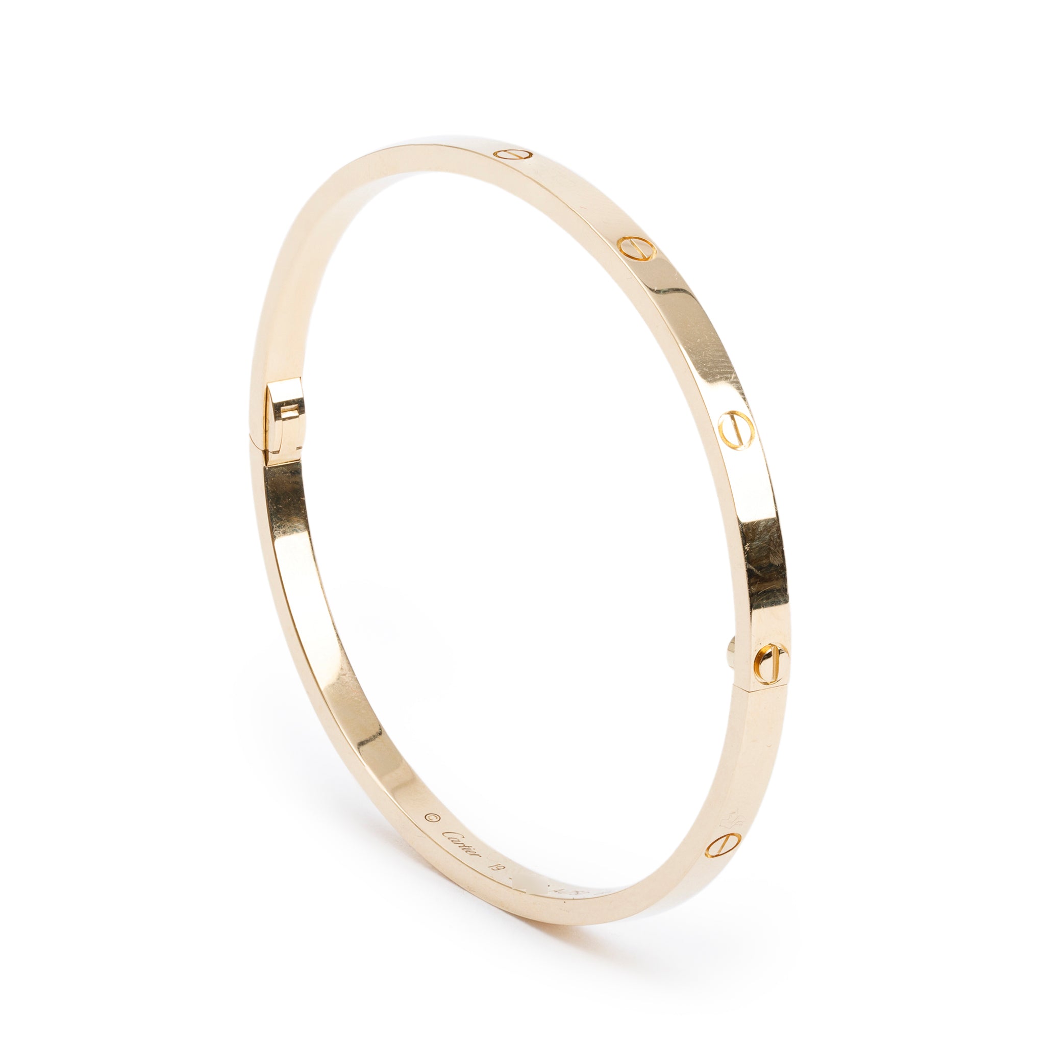 Cartier 18k Yellow Gold 3.65 MM Love Bracelet, Small Model, Size 19 w/ Pouch, Certificate & Receipt