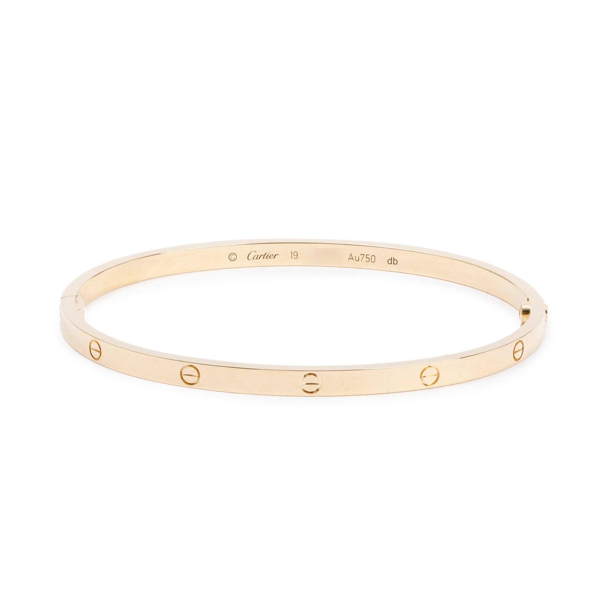 Cartier 18k Yellow Gold 3.65 MM Love Bracelet, Small Model, Size 19 w/ Pouch, Certificate & Receipt