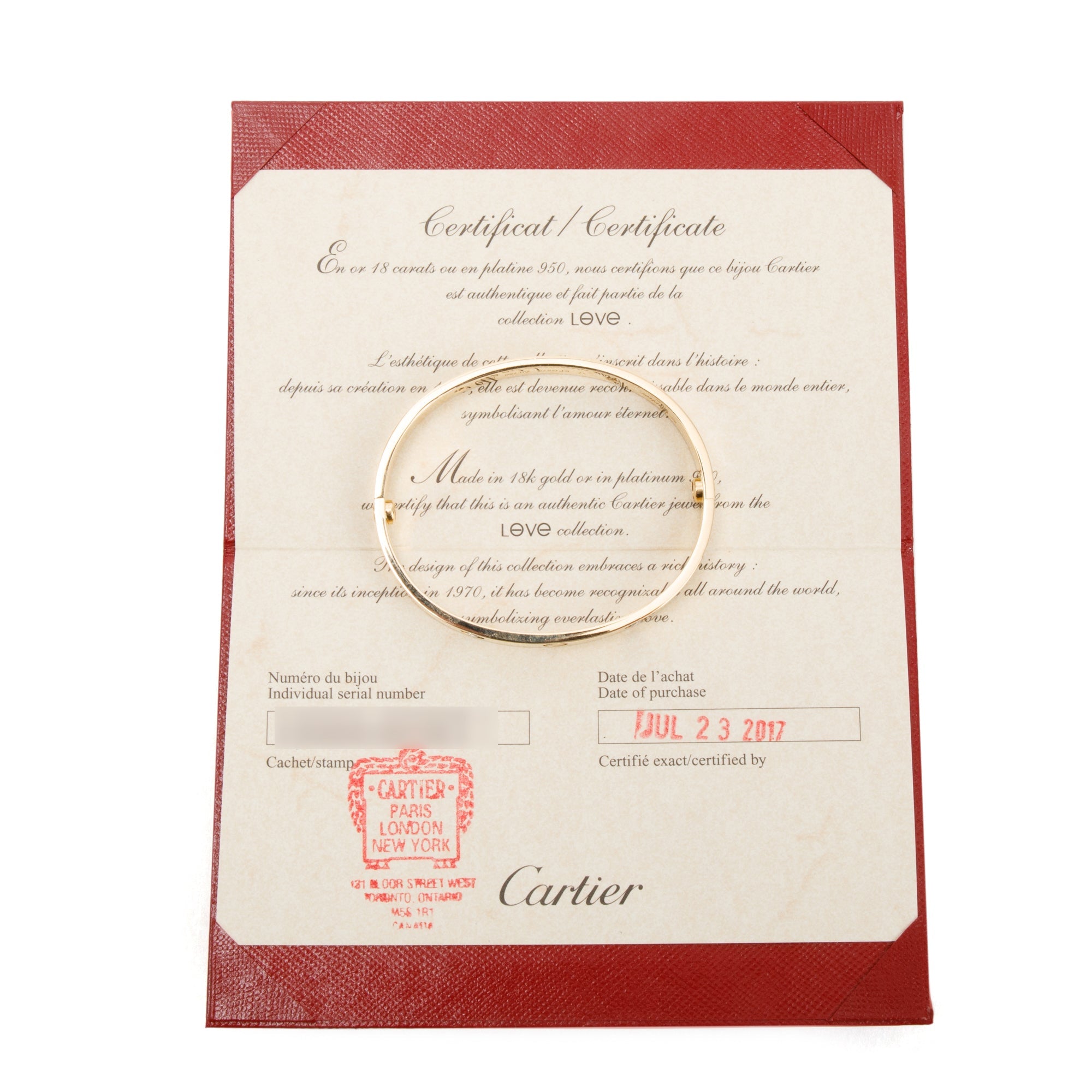 Cartier 18k Yellow Gold 4 Diamond Love Bracelet, Size 17 w/ Certificate