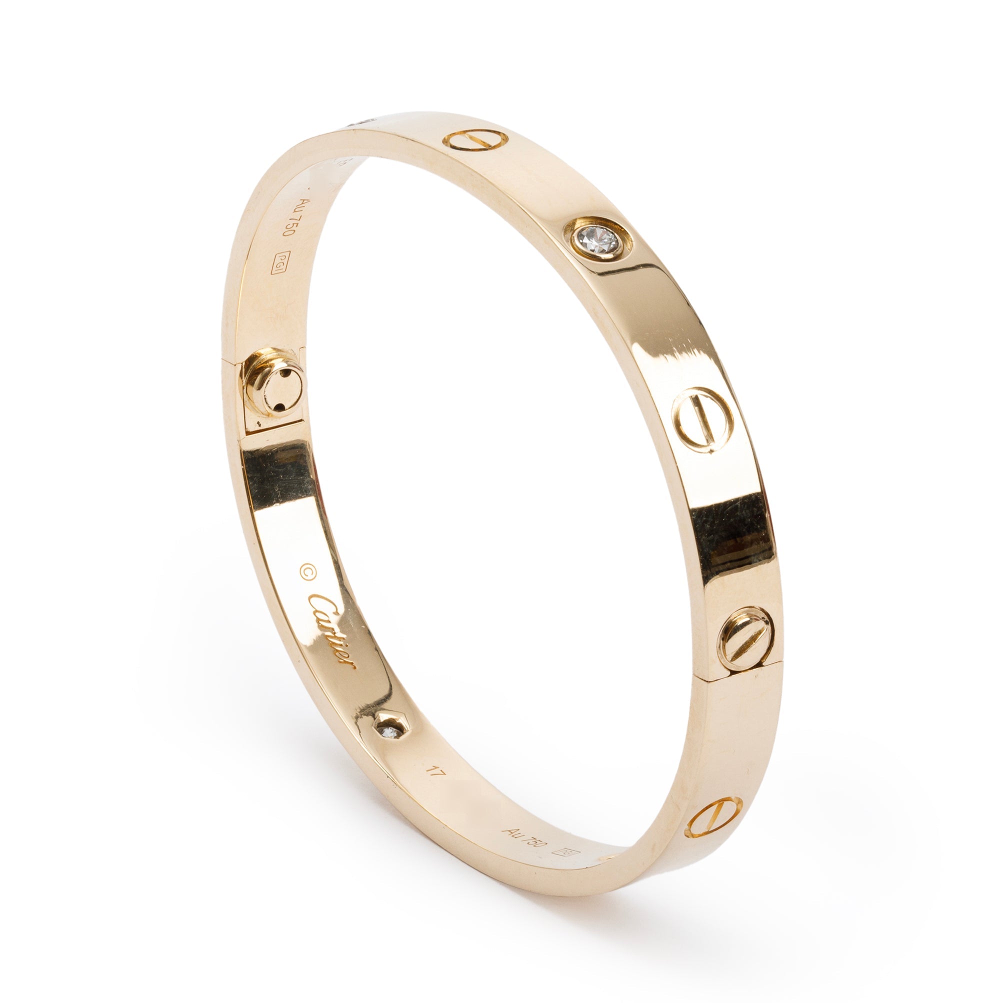 Cartier 18k Yellow Gold 4 Diamond Love Bracelet, Size 17 w/ Certificate