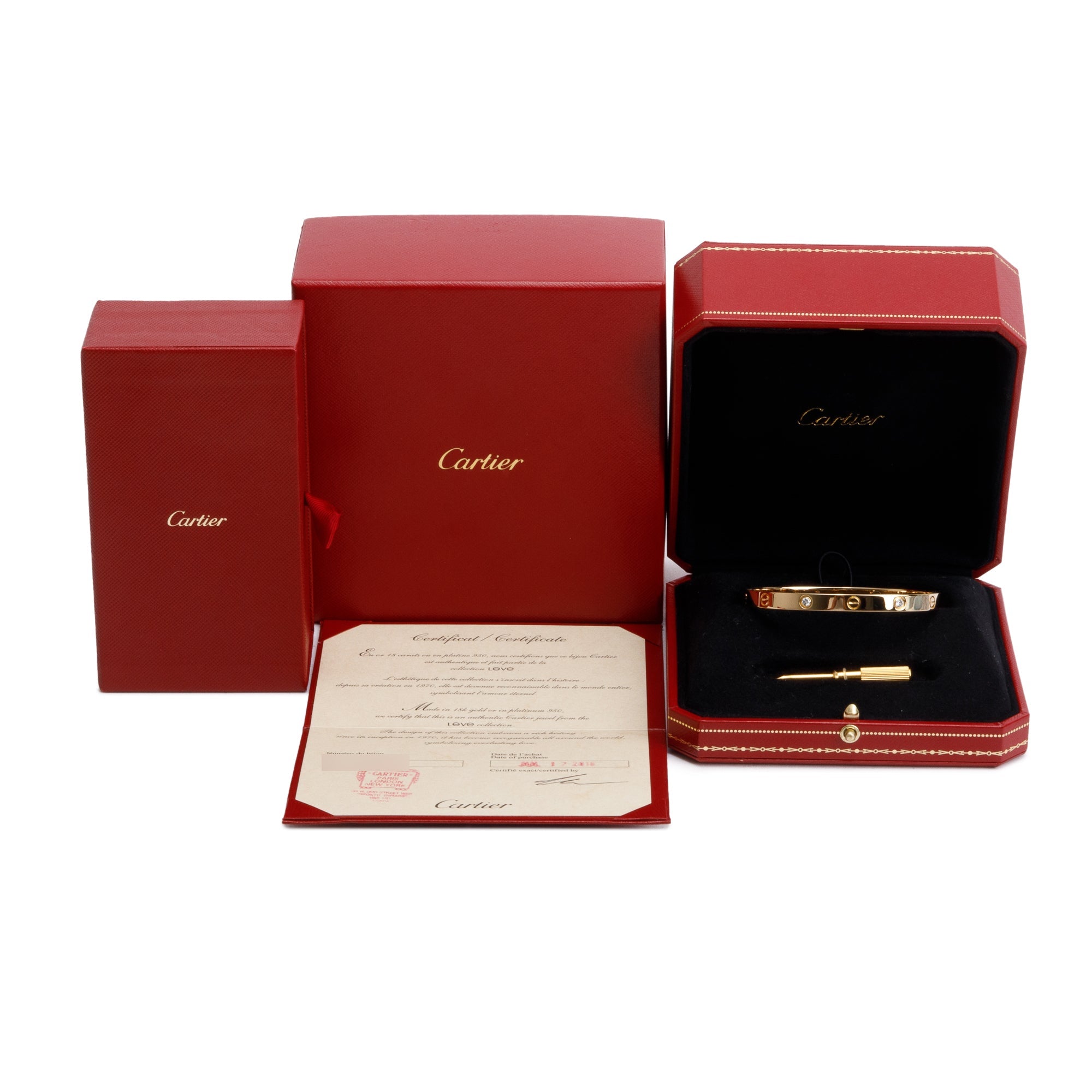 Cartier 18k Yellow Gold 4 Diamond Love Bracelet, Size 19 w/ Box & Certificate